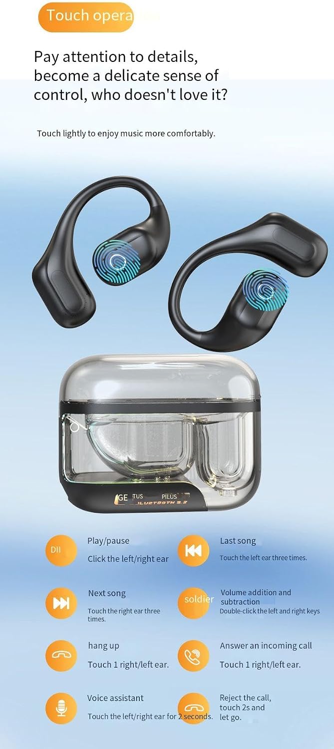 Open Ear Wireless Bluetooth Headphones, Touch Control Air Conduction Sport Ear Buds IPX5 Waterproof Headsets, 5 Hours Playtime for Android iPhone, Ergonomic,Colorful Lights When Charging,Blue