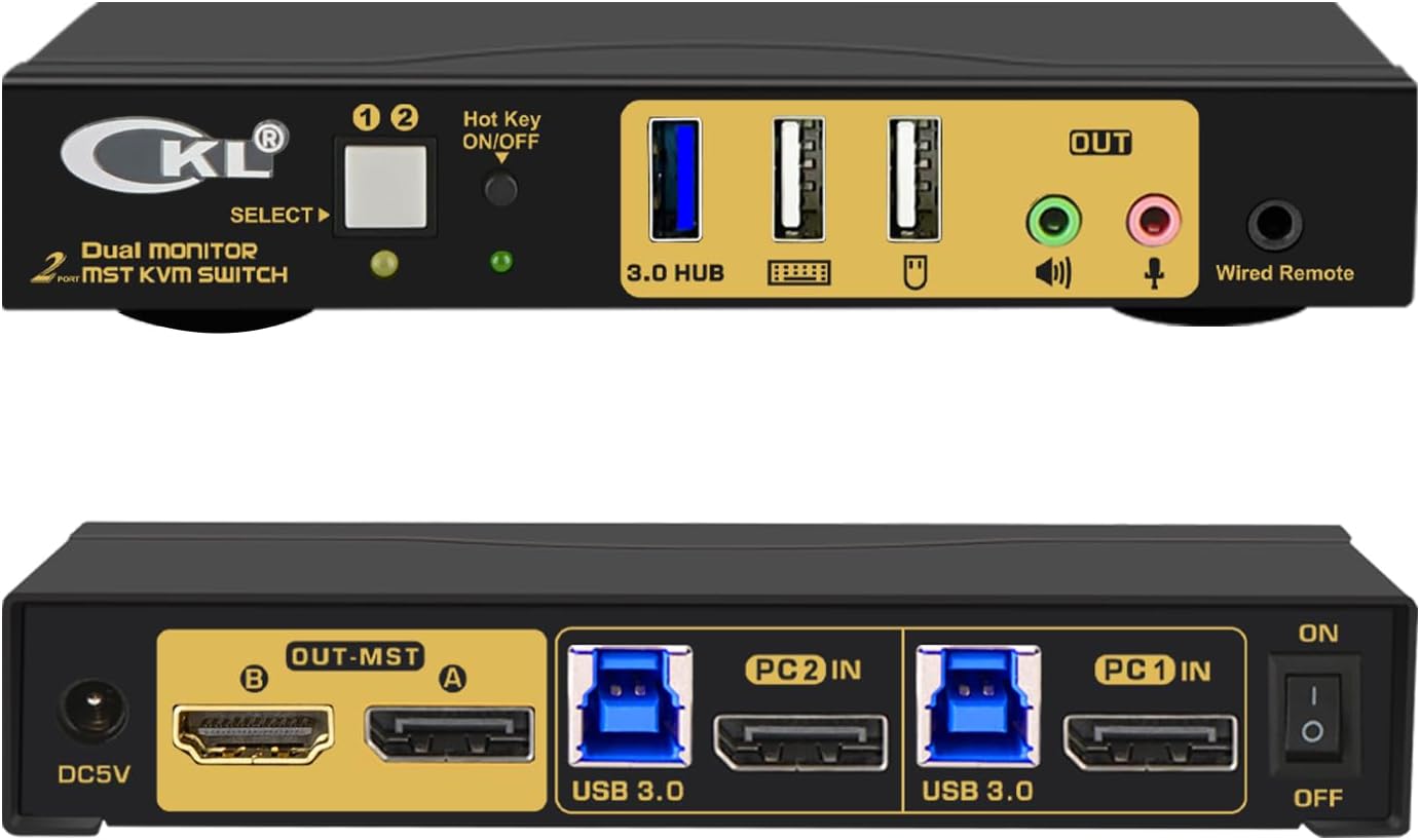 CKL 2 Port KVM Switch Dual Monitor DisplayPort 4K 60Hz for 2 Computers 2 Monitors, 1 DP Input to DP + HDMI Outputs for Each PC via DP 1.4 MST (622DH-MST)