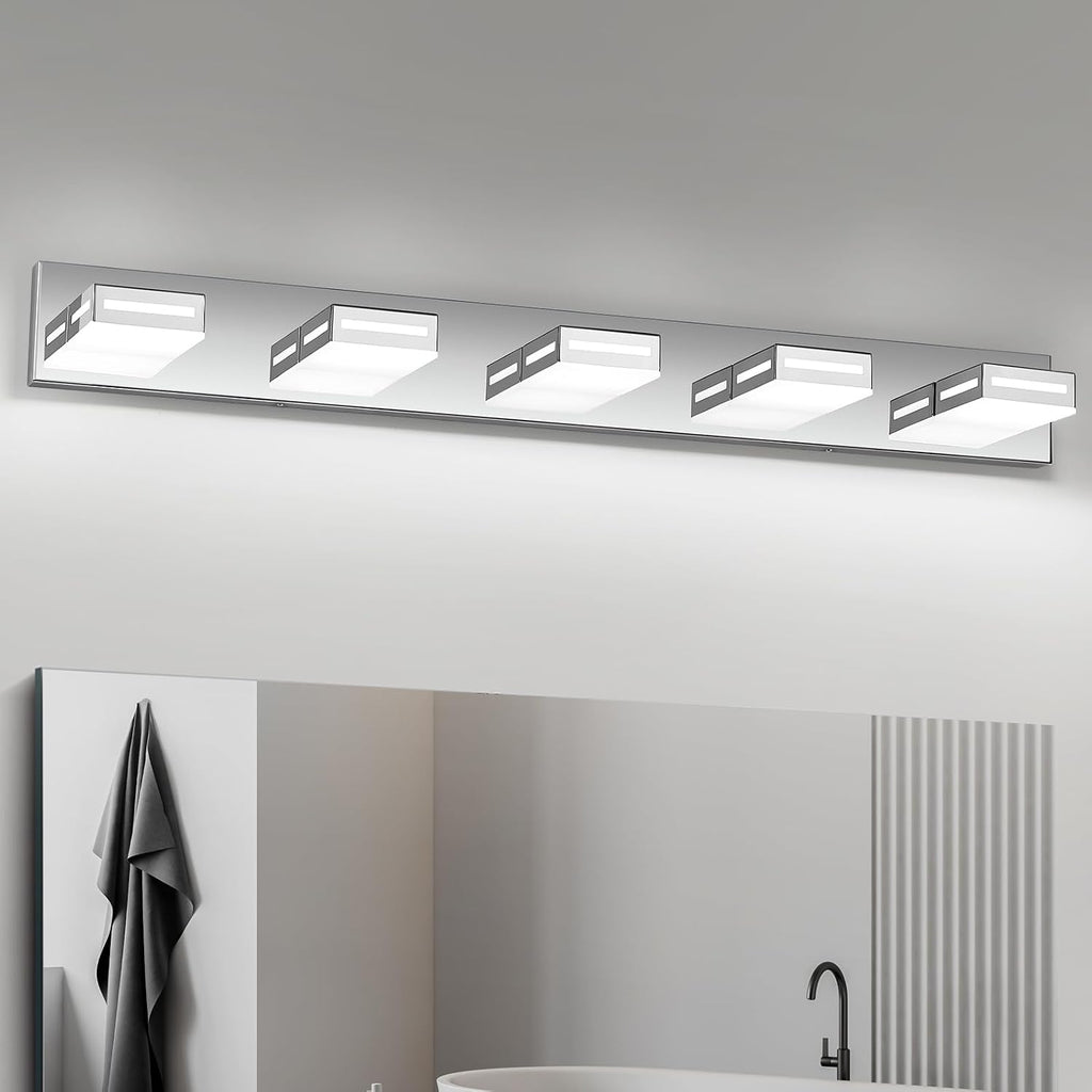 LED Modern Bathroom Light Fixtures, 5-Light 40-Inch Chrome Vanity Lights for Bathroom Lighting Fixtures Over Mirror, 6000K Cool White 350° Rotatable Wall Lamp