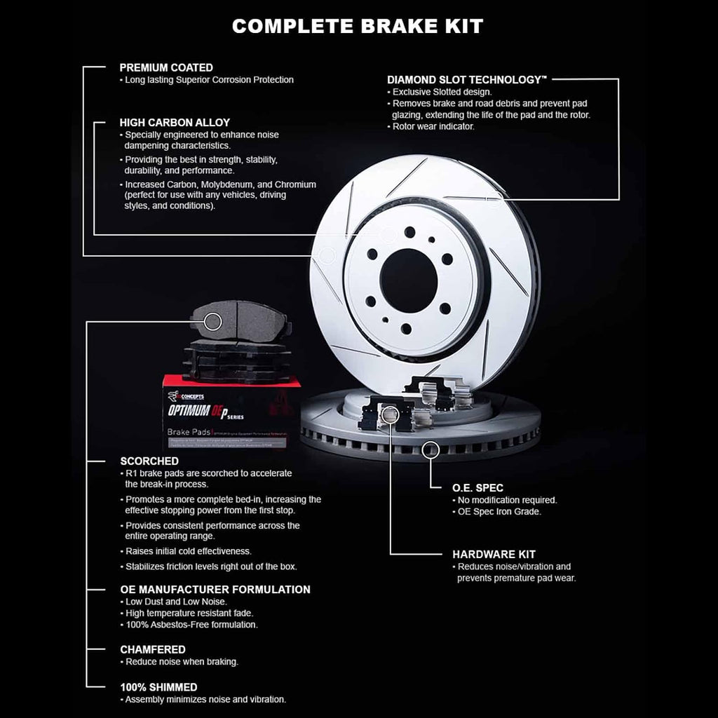 R1 Concepts Front Brake Kit Fits 2011-2019 Ford Fiesta| Optimum Oep Pads, Slotted Rotors| Hardware| 10.2' Front