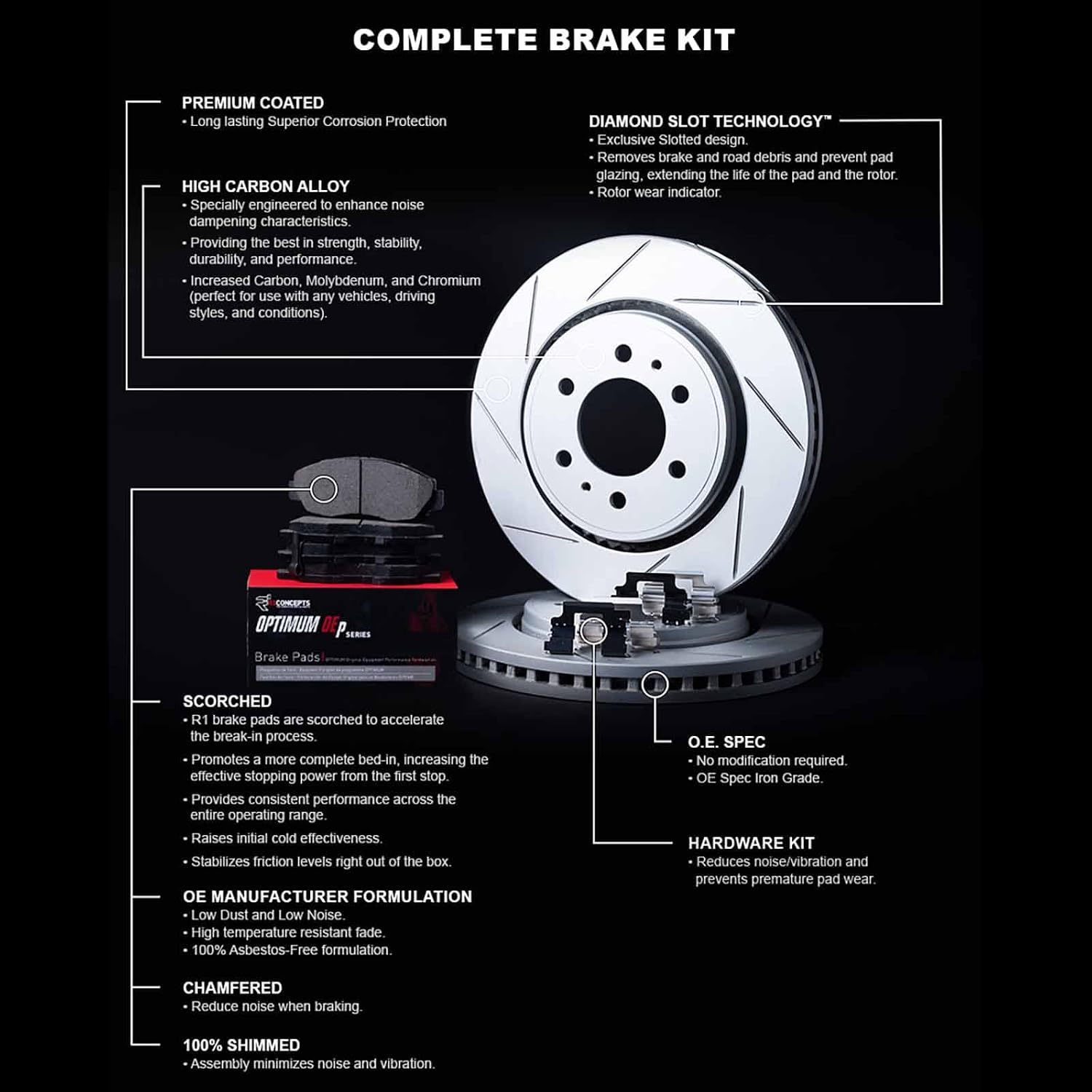 R1 Concepts Front Brake Kit Fits 2011-2019 Ford Fiesta| Optimum Oep Pads, Slotted Rotors| Hardware| 10.2' Front