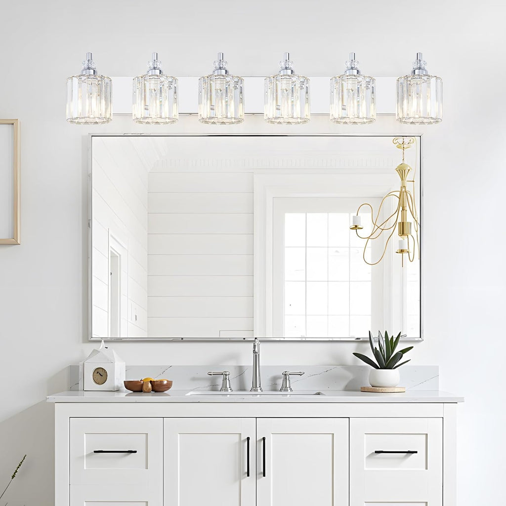 6-Light Modern Bathroom Light Fixture Chrome Bathroom Vanity Lights Over Mirror Wall Sconce Lighting with K9 Crystal Shades E26 Base for Bedroom, Living Room, Hallway Wall Lamp