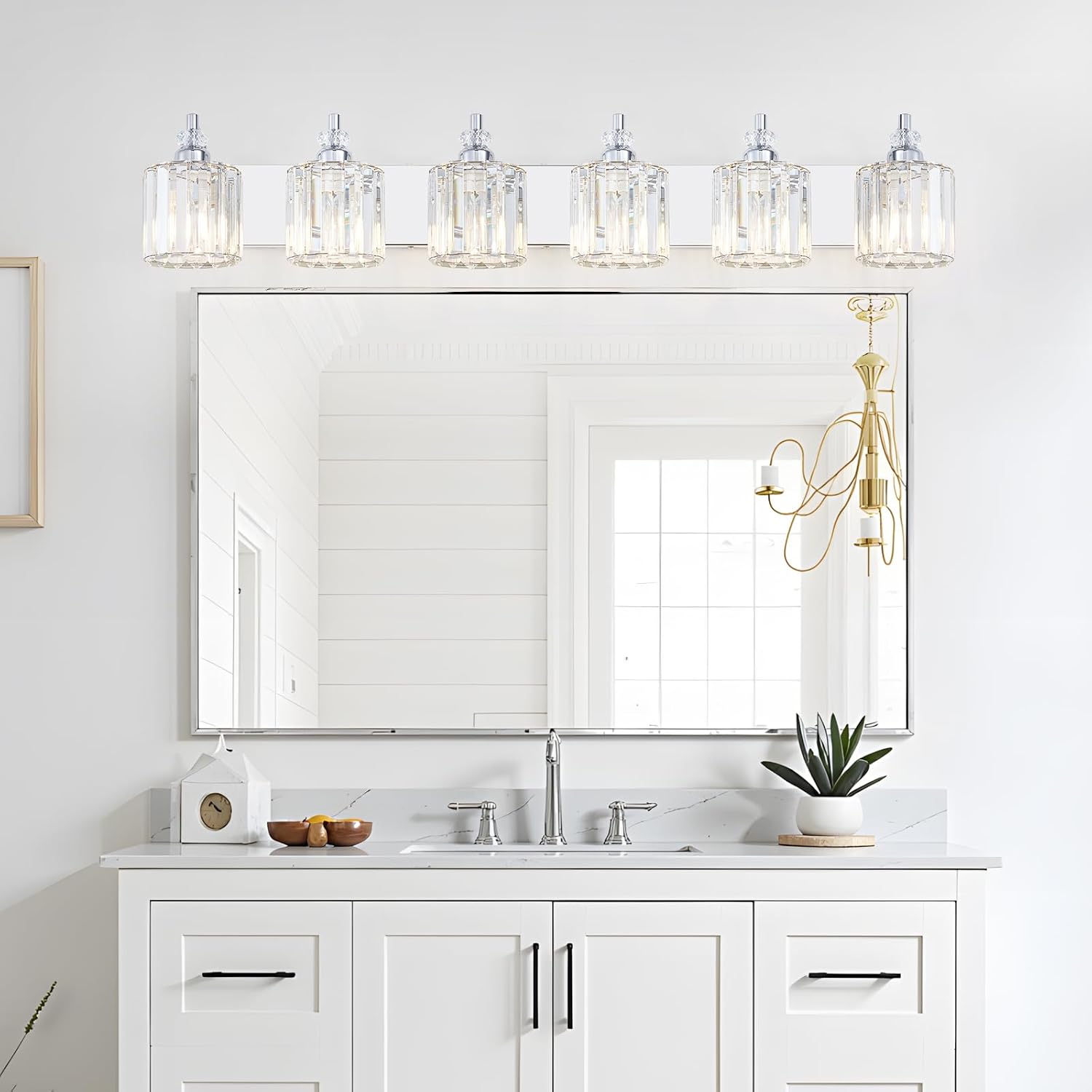 6-Light Modern Bathroom Light Fixture Chrome Bathroom Vanity Lights Over Mirror Wall Sconce Lighting with K9 Crystal Shades E26 Base for Bedroom, Living Room, Hallway Wall Lamp