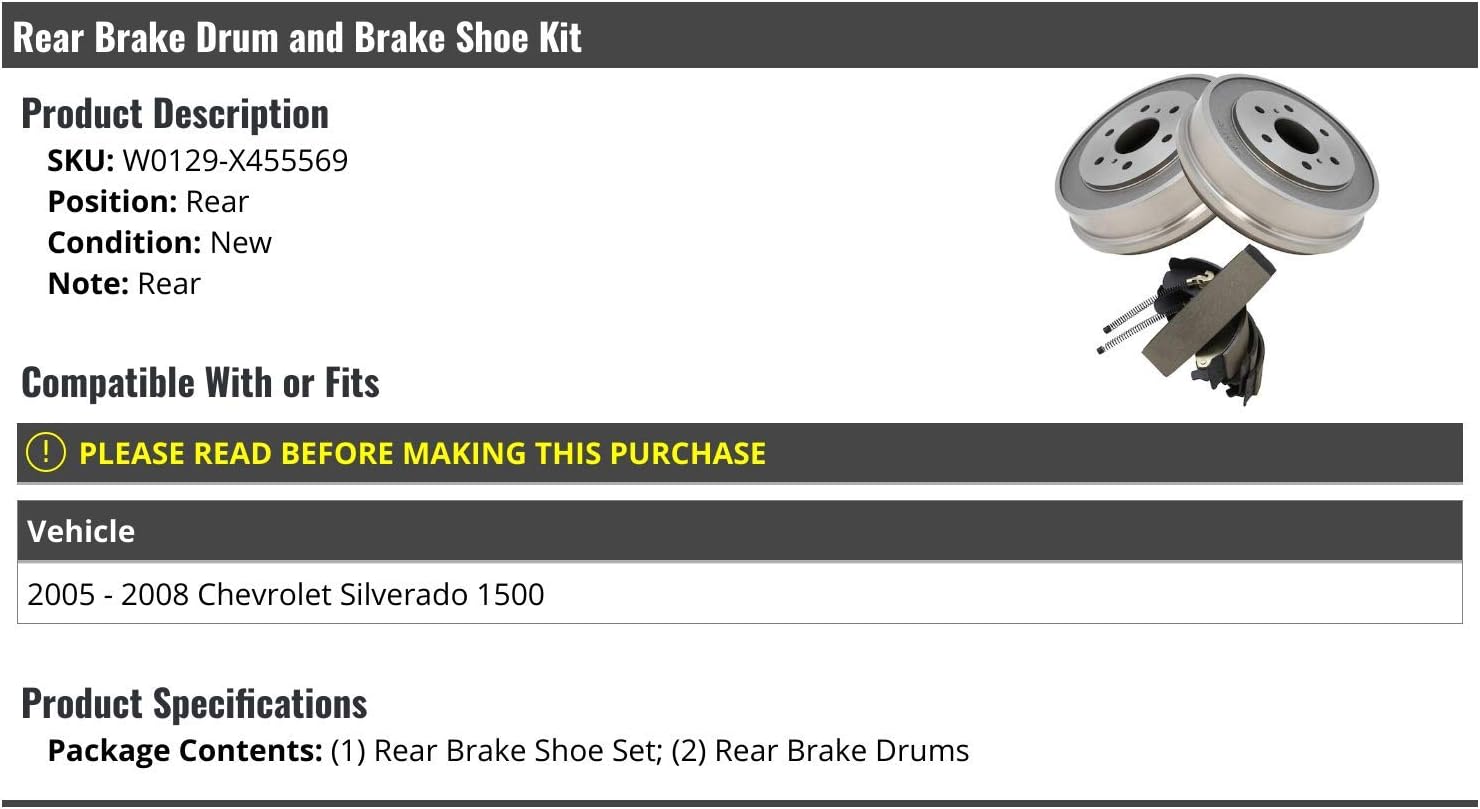 Marketplace Auto Parts Rear Brake Drum and Brake Shoe 3 Piece Kit - Compatible with 2005-2008 Chevy Silverado 1500