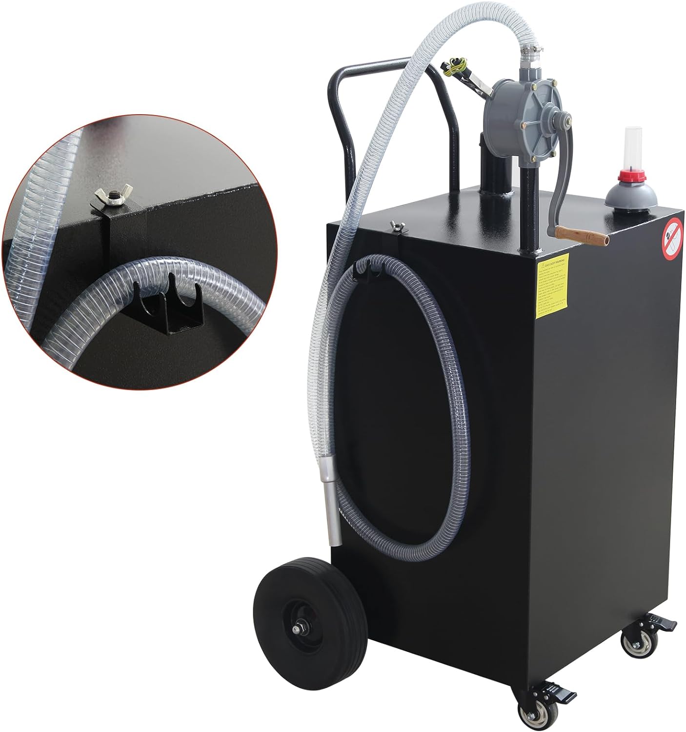45 Gallon Gas Portable Fuel Caddy with Manual Transfer Pump, Flat-Free Wheels, Gasoline/Diesel Storage Tank and Hose for Car, Truck, Boat, ATV, Lawn Mower, Black