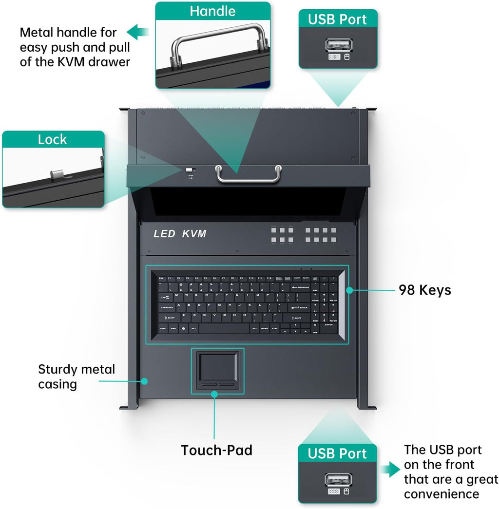 MT-Viki 17'' Rack Mount KVM Switch VGA 8 Port, Rackmount Monitor KVM Fit 1U 19'' Rack, 600-800mm(23.6~31.8'') Depth, Integrated with Keyboard+Touch pad+Drawer+8 KVM Cables