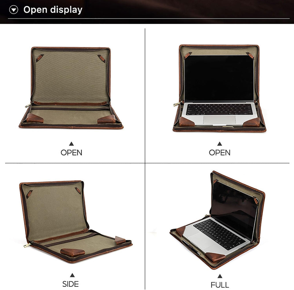 Top Grain Leather 16.2' Slim Laptop Zipper Folio Case Bag, Handmade & 2 Pockets, Compatible with MacBook Pro 16.2' A2485 M1 Max 15' Touch Bar A2141 A1707 Pro 16' Touch ID, Brown 16.2 Inch