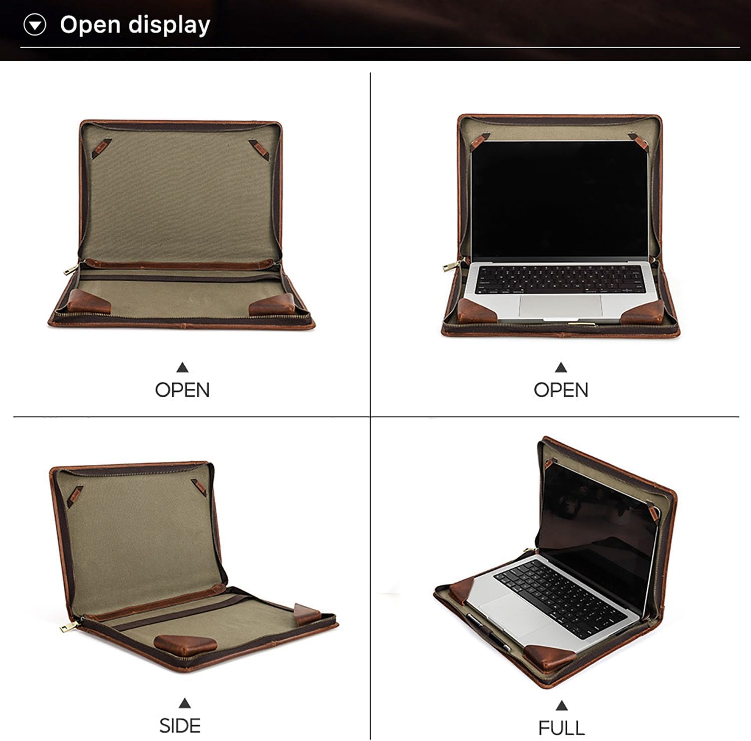 Top Grain Leather 16.2' Slim Laptop Zipper Folio Case Bag, Handmade & 2 Pockets, Compatible with MacBook Pro 16.2' A2485 M1 Max 15' Touch Bar A2141 A1707 Pro 16' Touch ID, Brown 16.2 Inch