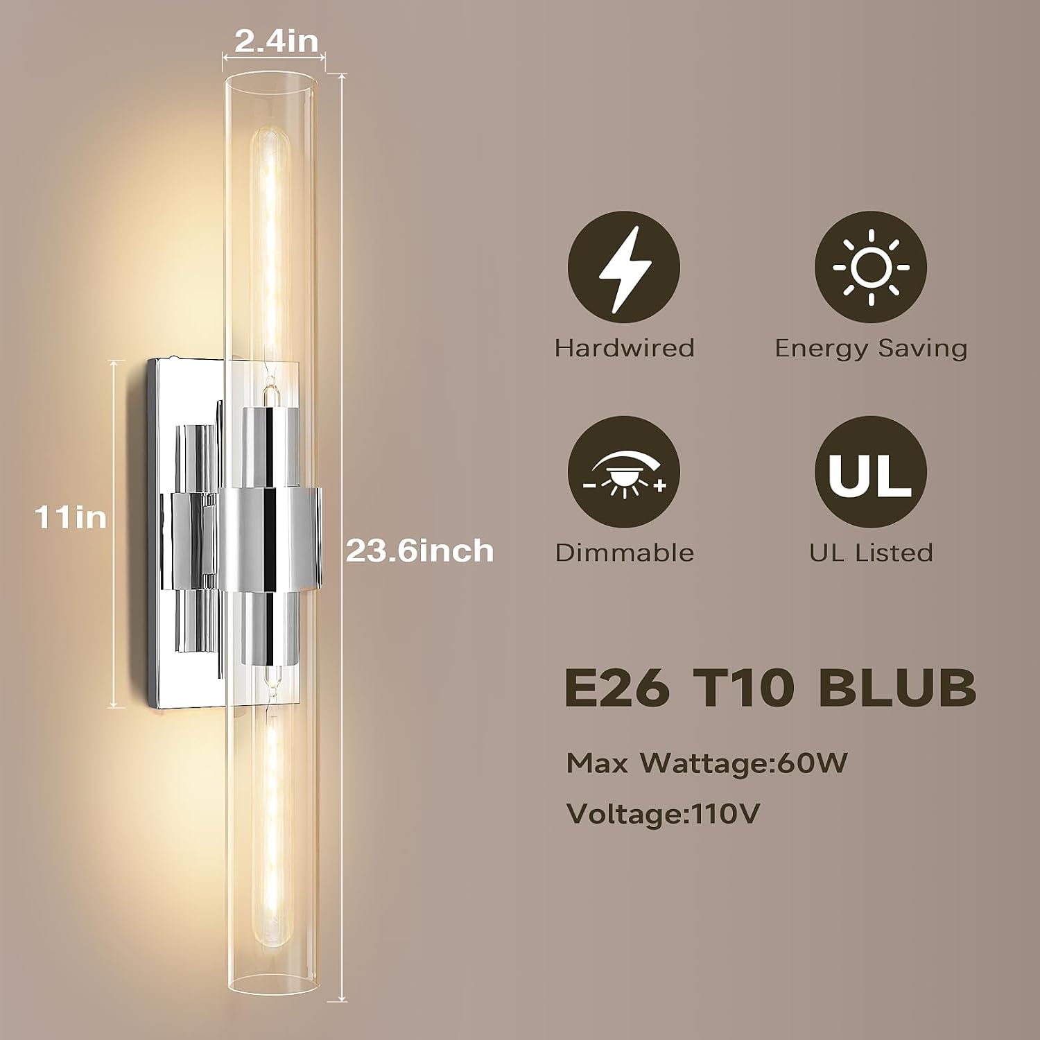 Wall Sconces Set of 2, 22.8' Chrome Bathroom Sconces, Indoor Sconces Lighting with Glass, Nickel Vanity Lights with Tube, Dimmable Bedroom Bedside Wall Light for Dressing Table Staircase