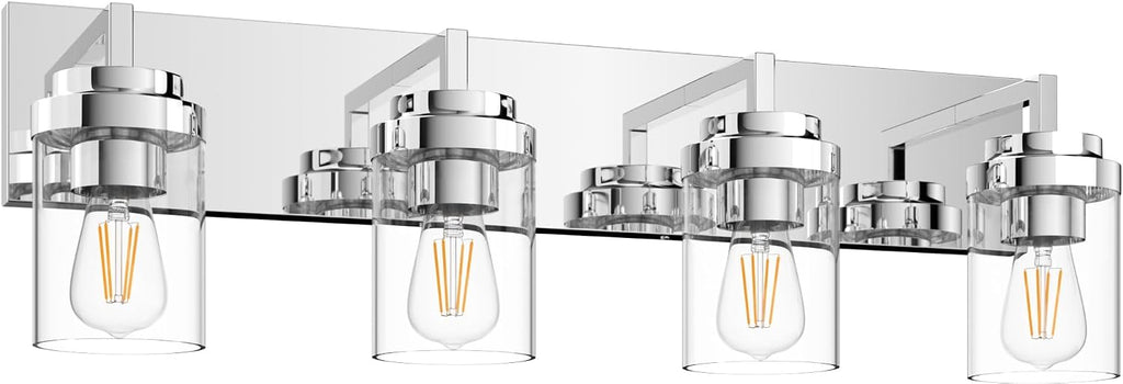 Chrome Light Fixtures, 4 Light Bathroom Vanity Light with Clear Glass Shade, 30 in Modern Vanity Light, Bathroom Lighting Fixtures Over Mirror for Living Room