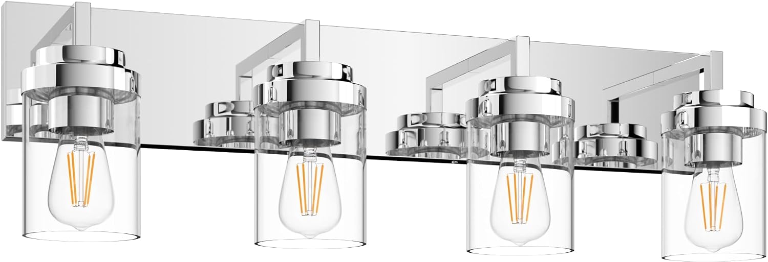Chrome Light Fixtures, 4 Light Bathroom Vanity Light with Clear Glass Shade, 30 in Modern Vanity Light, Bathroom Lighting Fixtures Over Mirror for Living Room
