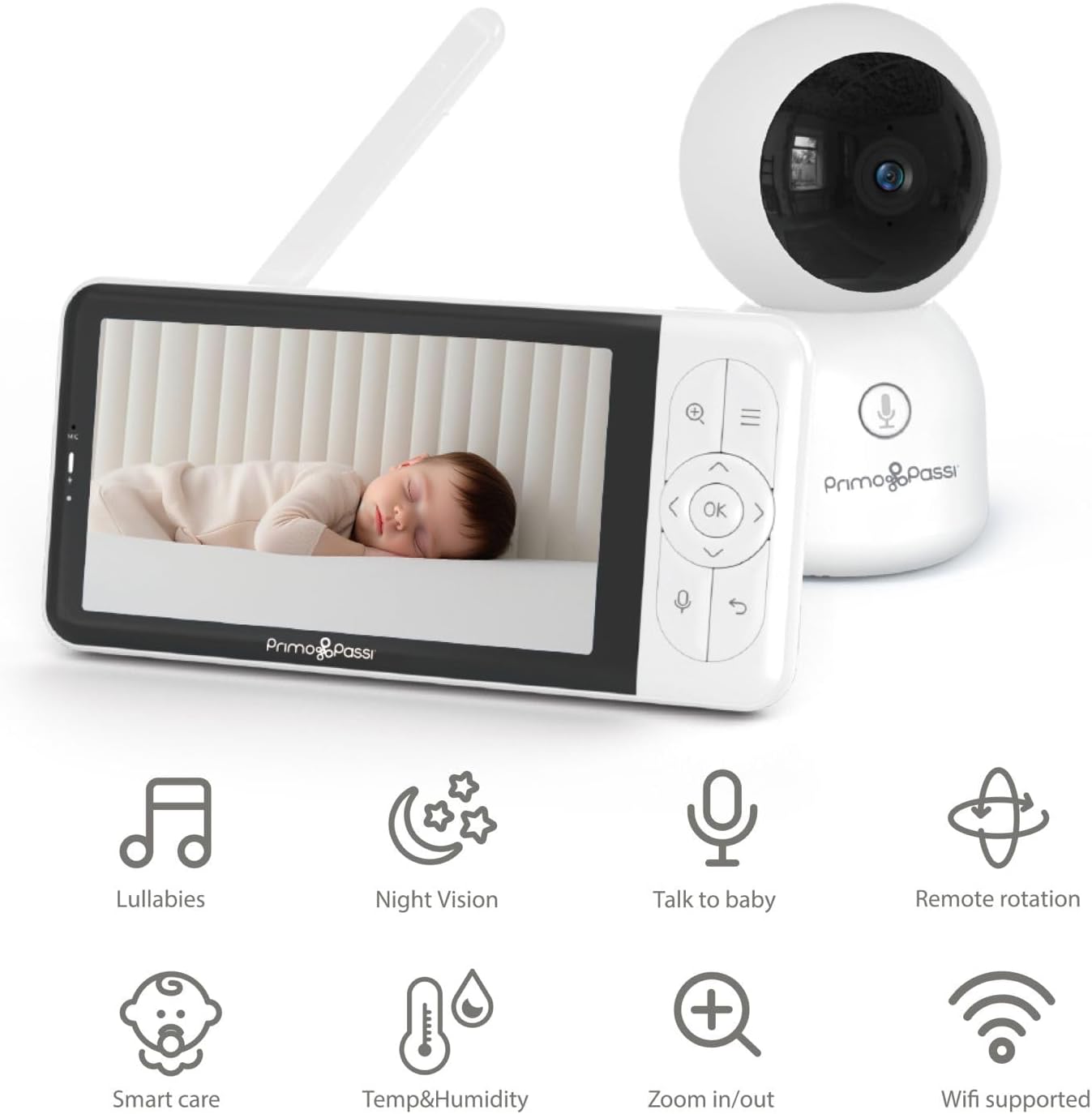 Primo Passi Smart Wi-Fi Baby Monitor with 5' HD Display, Night Vision, Two-Way Audio, Temperature Sensor, and App Access for iOS & Android