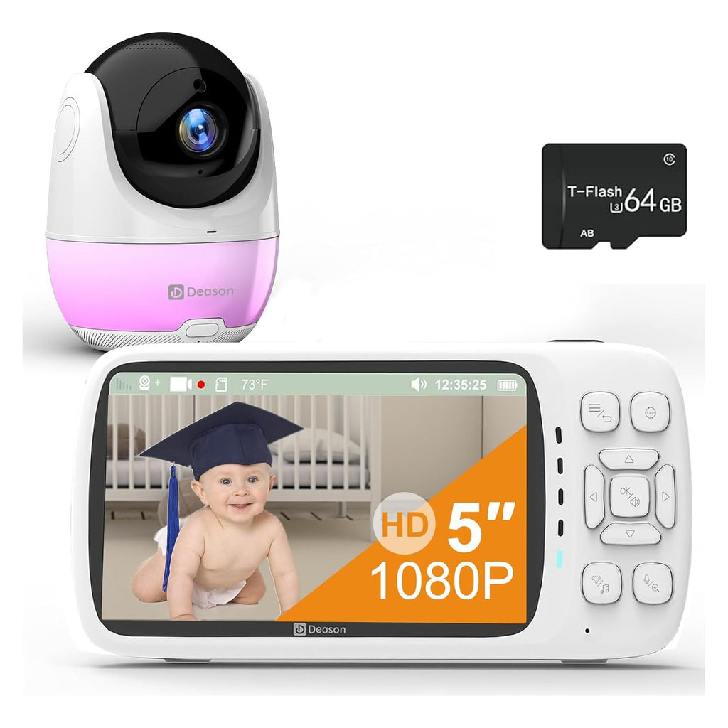 DEASON No WiFi Baby Monitor with Camera, 1080P Video, 5' Display, Secure Long Range 1200ft, 2-Way Talk, Night Vision, Temp & Sound Alert, White Noise, 64G Card