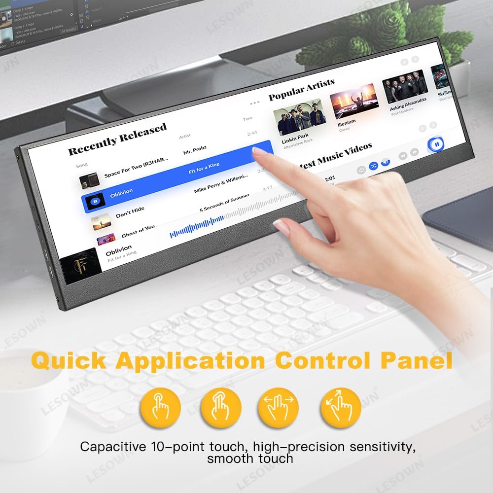 14.1 inch Temp Display Stretched Bar LCD Touch Strip Display USB C & HDMI 1920x550 IPS Sub Extender mini Wide Monitor for GPU CPU Data Monitoring PC Case