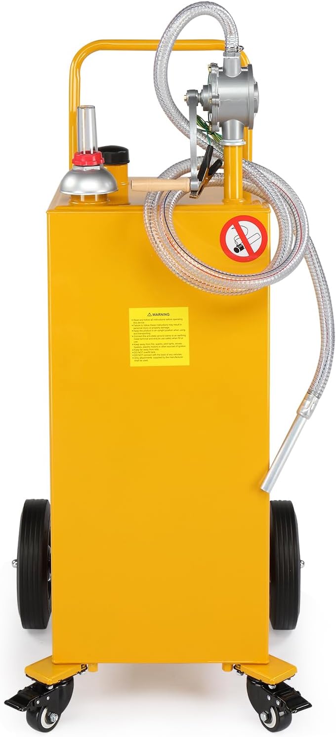 30-Gallon Oil Transfer Fluid Diesel Fuel Storage Tanks Gas Caddy Storage Diesel Kerosene Storage Containers with Rolling Flat-Free Solid Rubber Wheels for Boat, ATV, Car, Motorcycle Yellow