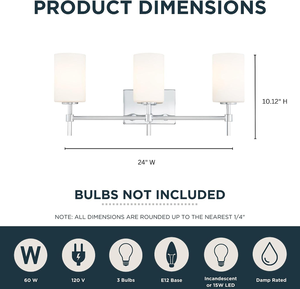 Quoizel Rossfield 24' 3-Light Vanity Light, Chrome with White Etched Glass, Dimmable LED Compatible