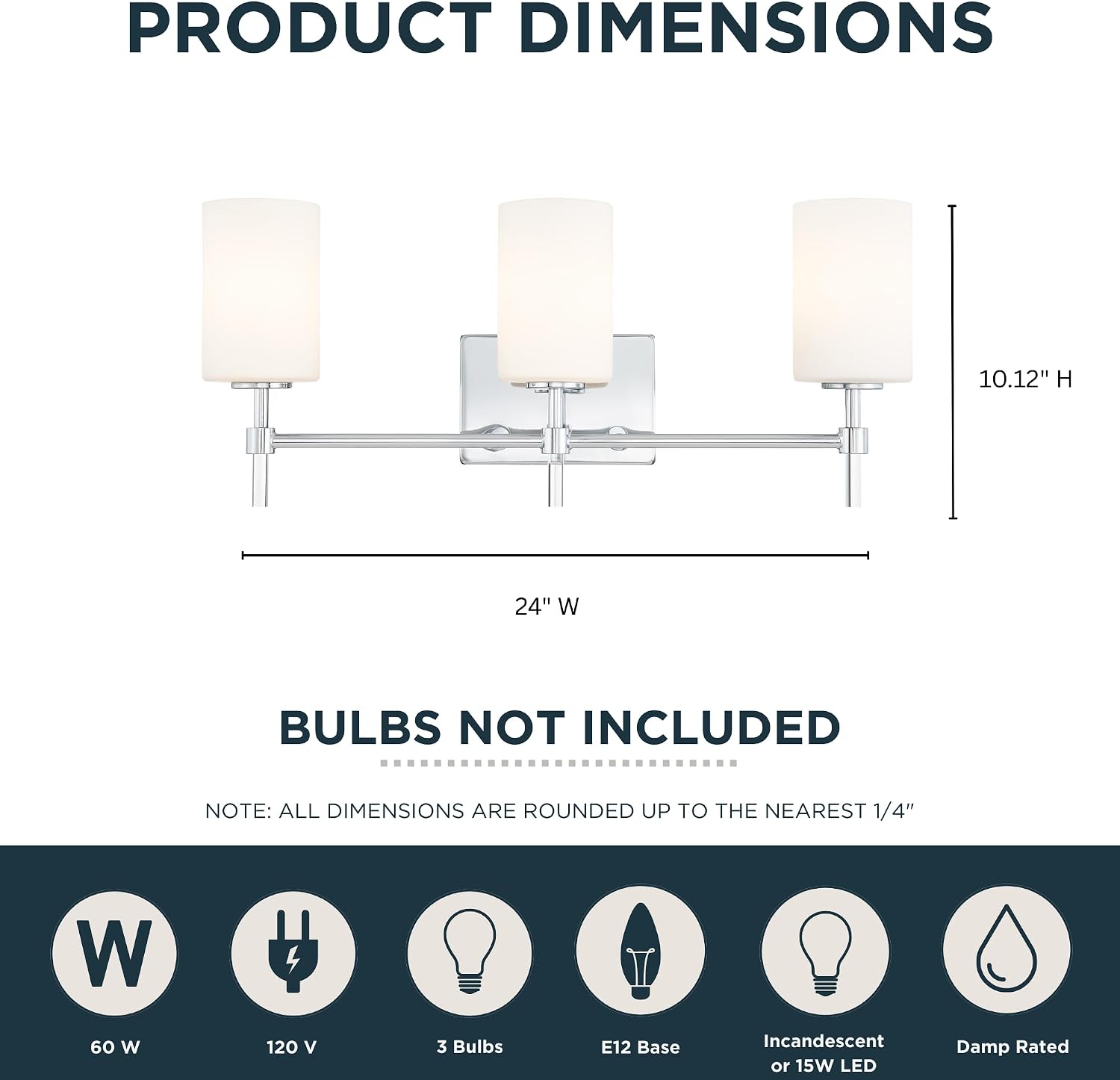 Quoizel Rossfield 24' 3-Light Vanity Light, Chrome with White Etched Glass, Dimmable LED Compatible