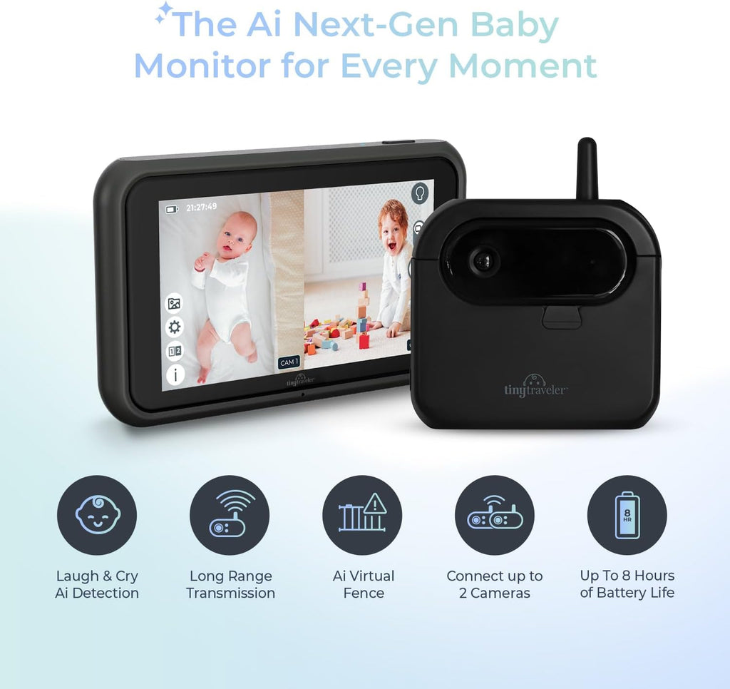 Tiny Traveler Ai Smart Wireless Baby Car Monitor with Add-On Camera, Travel Kit & Power Bank - AI-Powered Safety Alerts Detection, Virtual Fence, Long Range 1000ft Night Vision, 2-Way Talk - Black