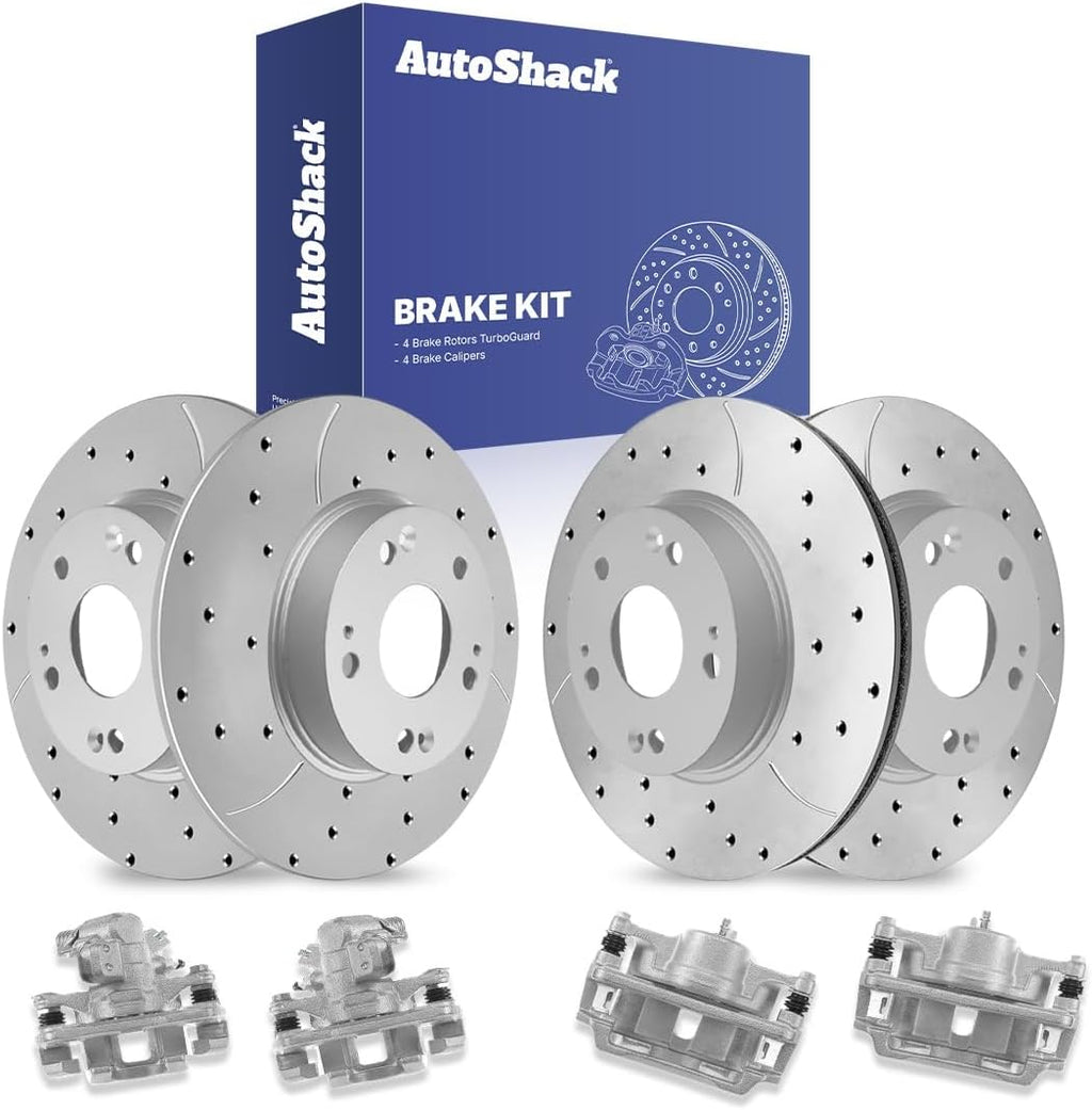 AutoShack Front & Rear Brake Rotors & Calipers for Honda, Civic 2006-2011, FWD L4 1.8L - Coated Drilled & Slotted - Silver Matte Finish - TurboGuard