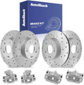 AutoShack Front & Rear Brake Rotors & Calipers for Honda, Civic 2006-2011, FWD L4 1.8L - Coated Drilled & Slotted - Silver Matte Finish - TurboGuard