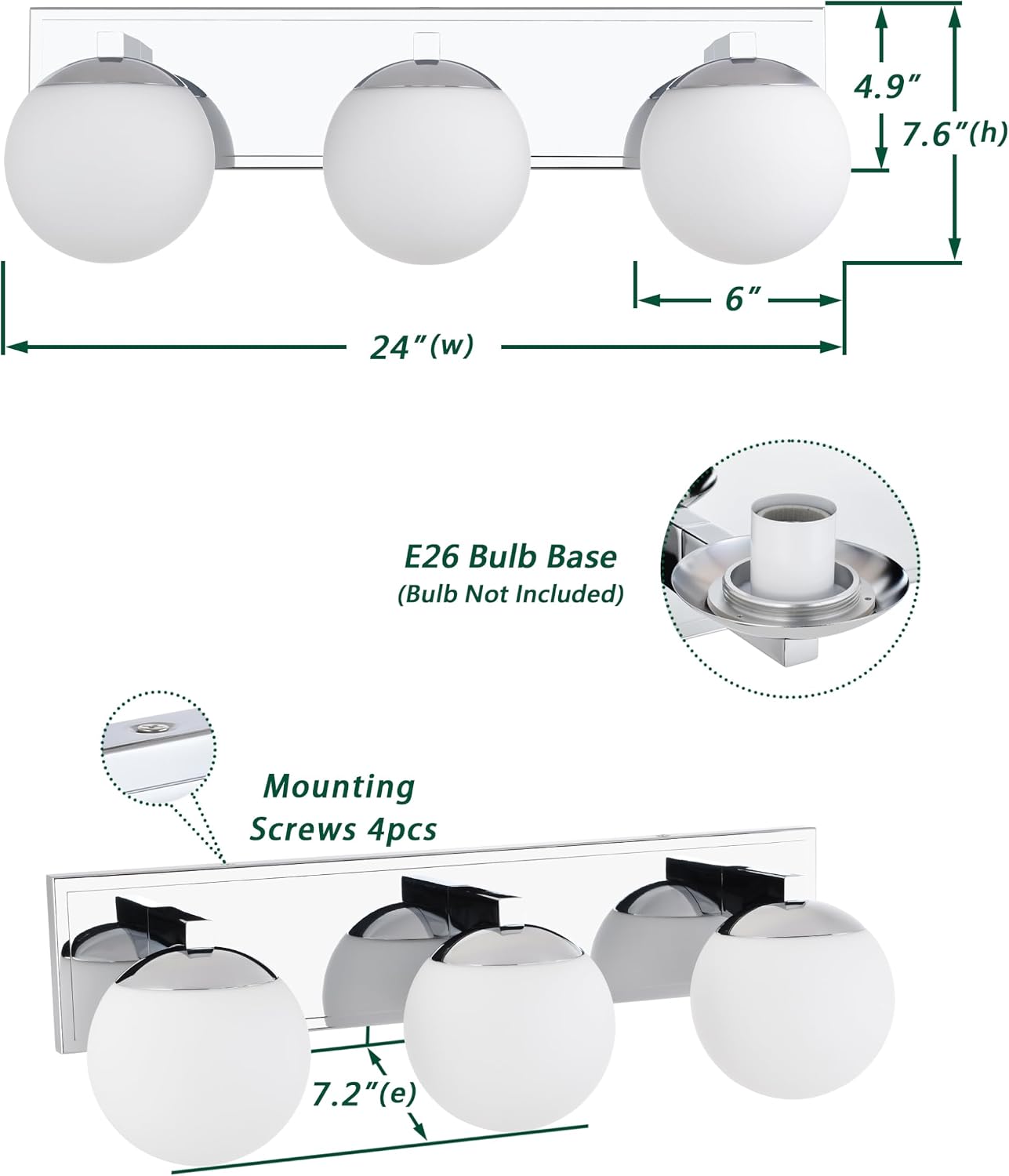 Chrome Bathroom Vanity Light Fixtures, 3-Light Globe Bathroom Vanity Light Fixtures Over Mirror, Modern Wall Lights for Living Room, Long Backplate, Standard E26 Base, Chrome