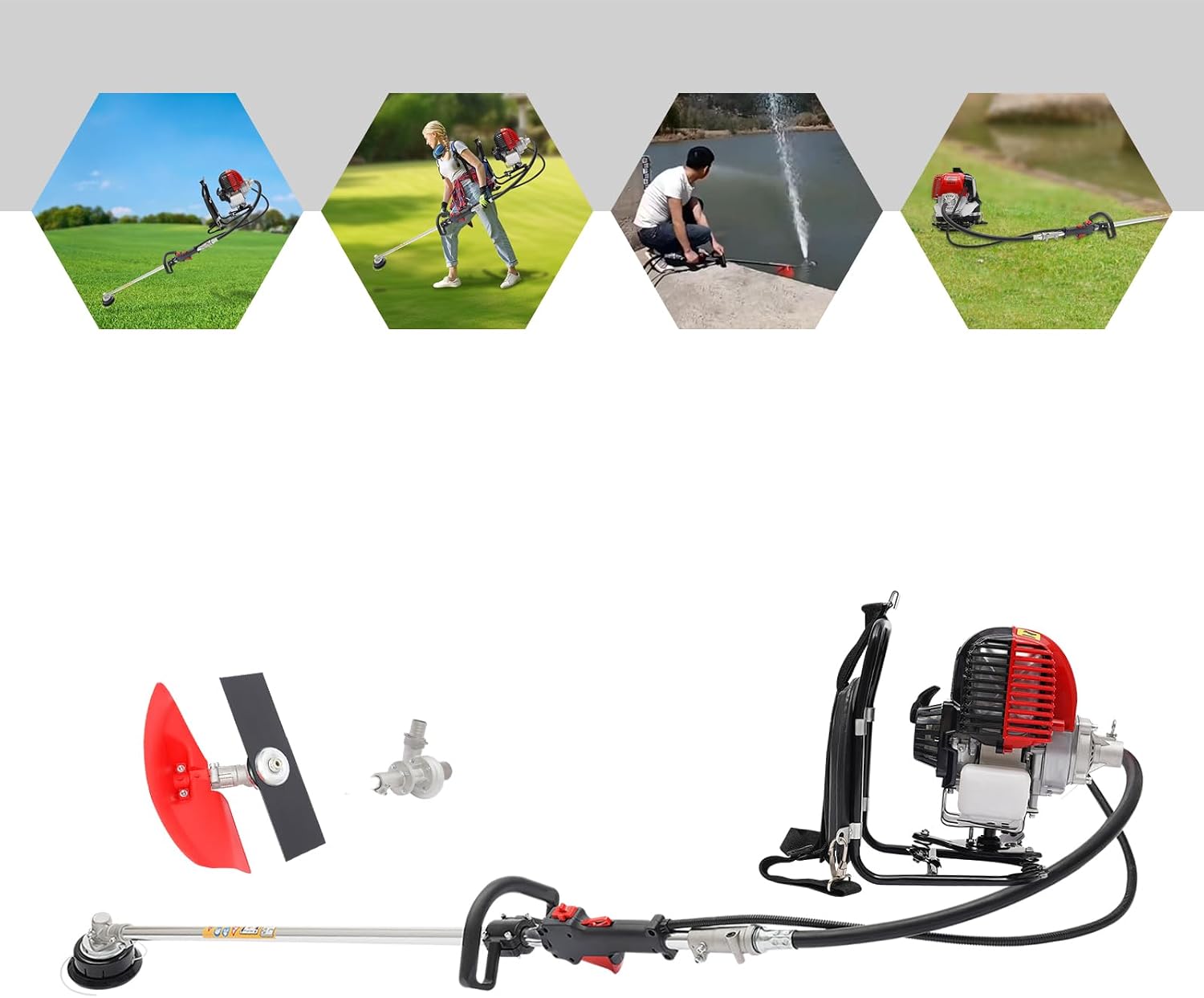 Portable Backpack 4 Stroke Brush Cutter 750W Gas Powered Lawn Mower Tool Multi-Function Weed Eater Hedge Trimmer Gasoline Tiller Cultivator for Lawn, Farmlands, Yard, Garden, Shrub Trimming