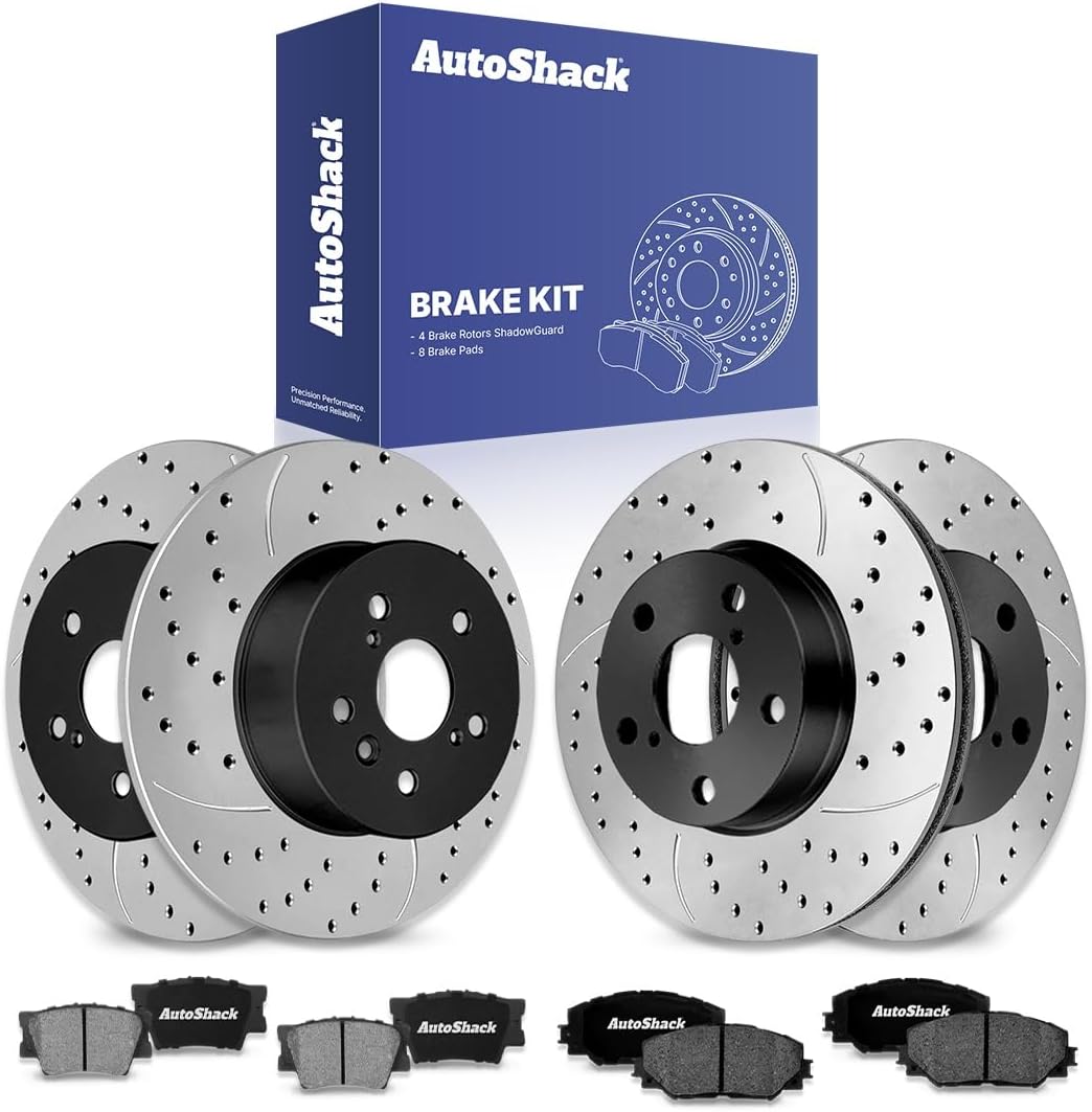 AutoShack Front & Rear Brake Rotors & Ceramic Pads for Toyota & Lexus, RAV4 2006-2008 HS250h 2010-2012, FWD 4WD L4 2.4L - E-Coated Drilled & Slotted - ShadowGuard