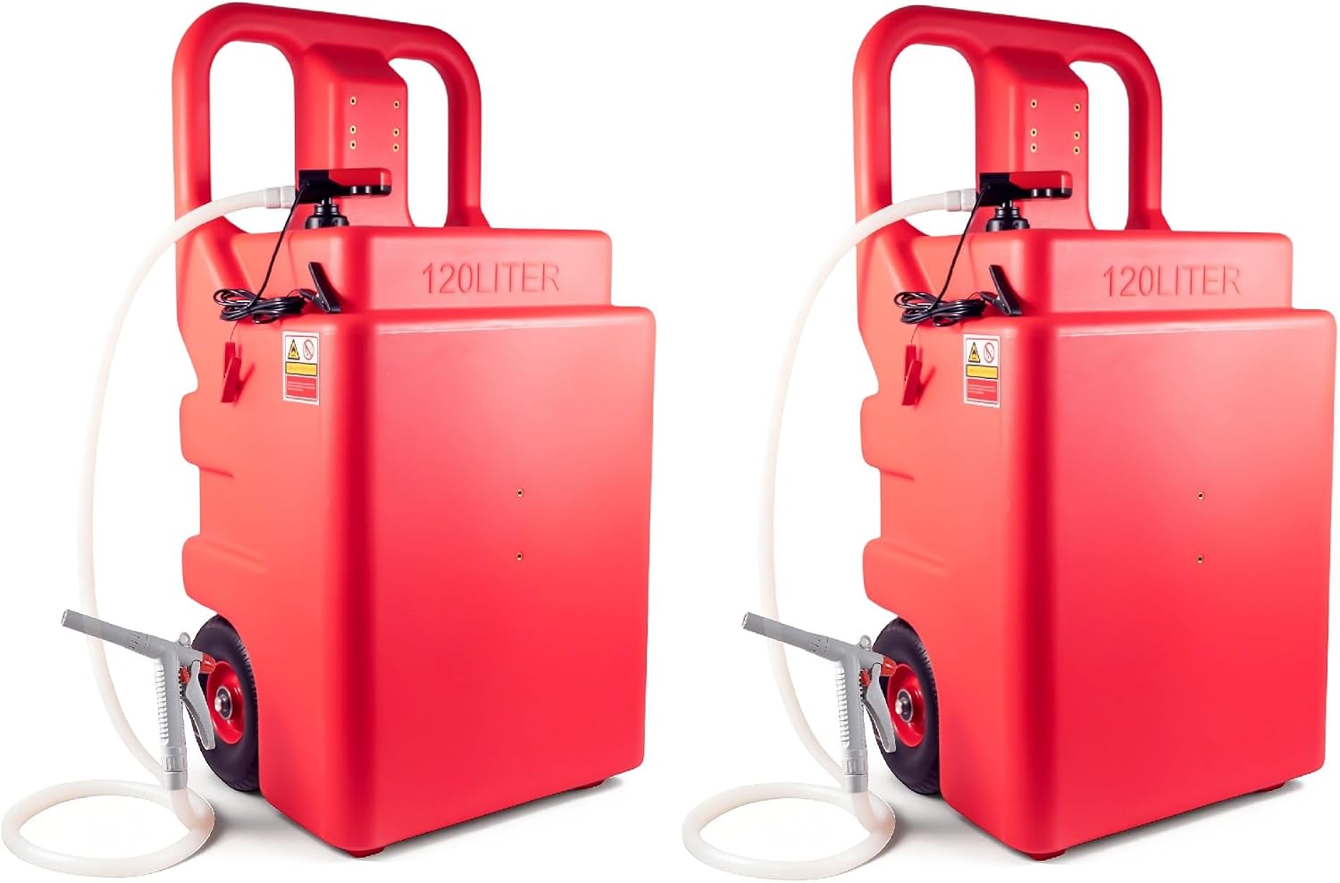 32 Gallon Fuel Transfer Caddy 2 Pack, 120L Gas Caddy with AA Battery Powered Pump for Gasoline Diesel, PE Diesel Transfer Tank, Manual Fueling Nozzle, for Easy Fuel Transportation (Pack of 2)