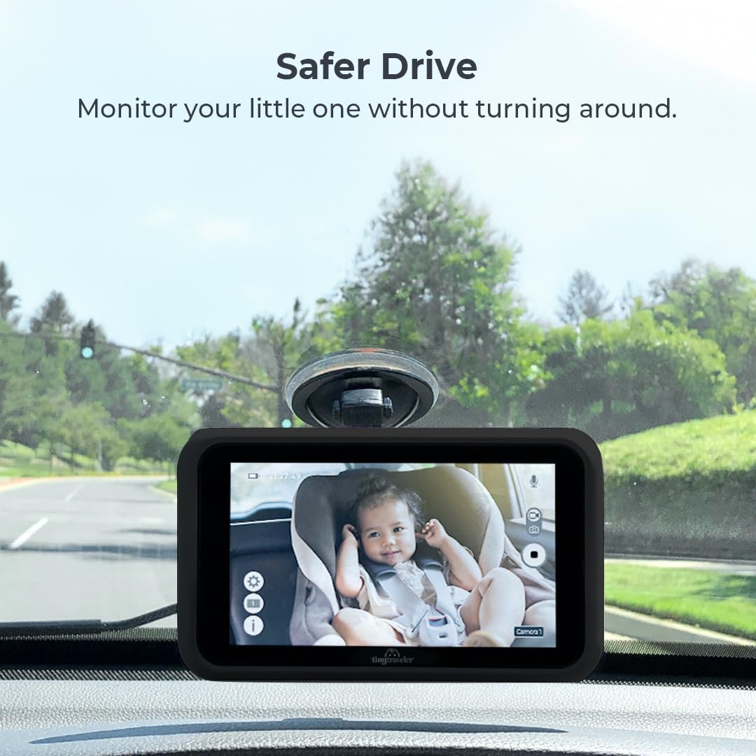 Tiny Traveler 5' HD Touch Screen Baby Car Monitor – Hackproof, No WiFi Baby Camera for Travel and Home, Night Vision, Headrest or Clamp Mount, Baby Reminder Alert - Black