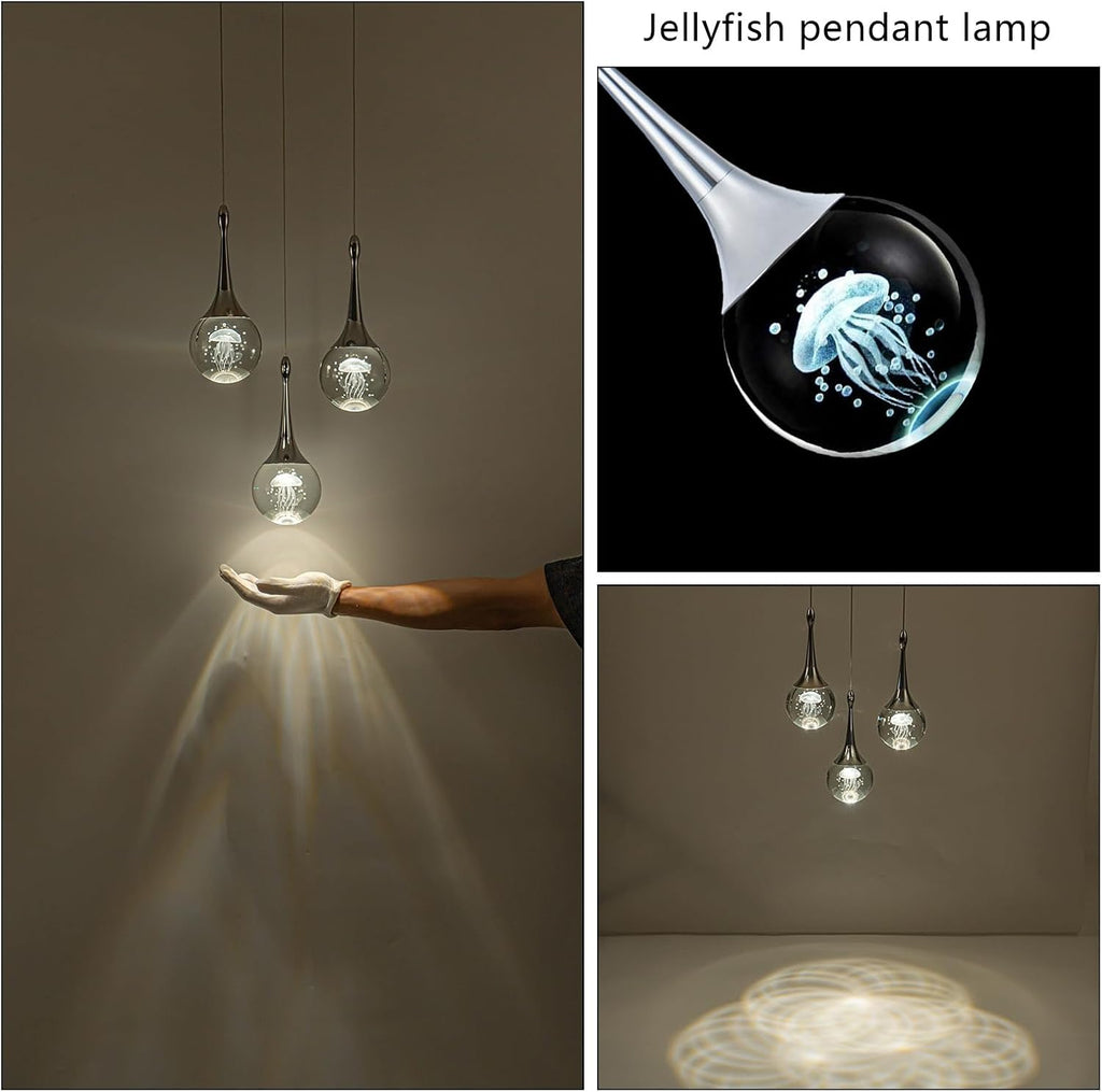 CHYING 3-Lights Pendant Lights Kitchen Island, Modern LED Dimmable Globe Crystal Jellyfish Teardrop Ceiling Pendant Lighting for Dining Room Hallway Entryway Bedroom, Chrome Cool White