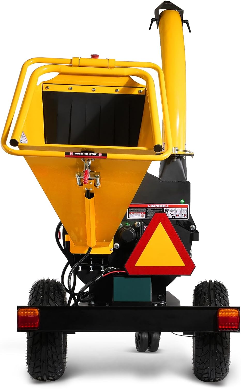 MechMaxx 5'' Inch E-Start 420cc 15hp Gas Powered Wood Chipper Shredder Mulcher with Tail Light, Towbar, Emergency Stop Button, Stop Bar, Model P4205 (Yellow)
