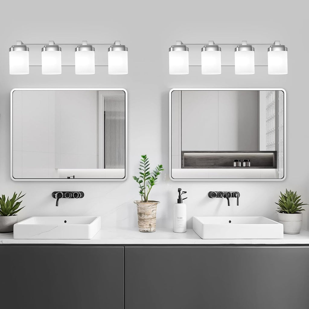 4-Light Chrome Bathroom Light Fixtures, Vanity Lights for Bathroom Mirror Lamp with Milky White Square Glass Shade, E26 Base Modern Wall Sconce Kitchen Light Fixtures Led Vanity