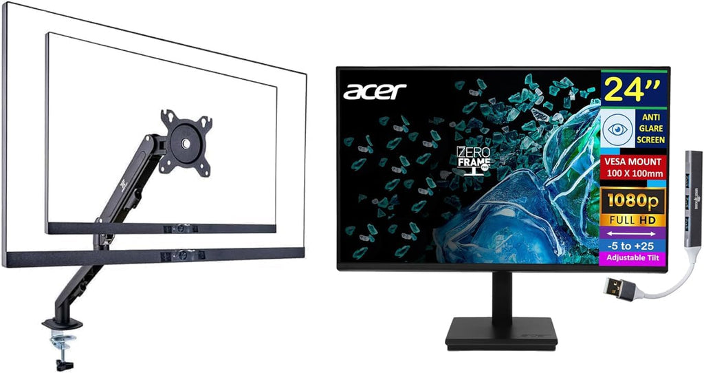 acer 24' FHD IPS Monitor with 4ms Response Time, Anti Glare, VESA Mount (100mm), HDMI, VGA & Black Color with DKZ Hub & ErgoFlexy Single Monitor Mount