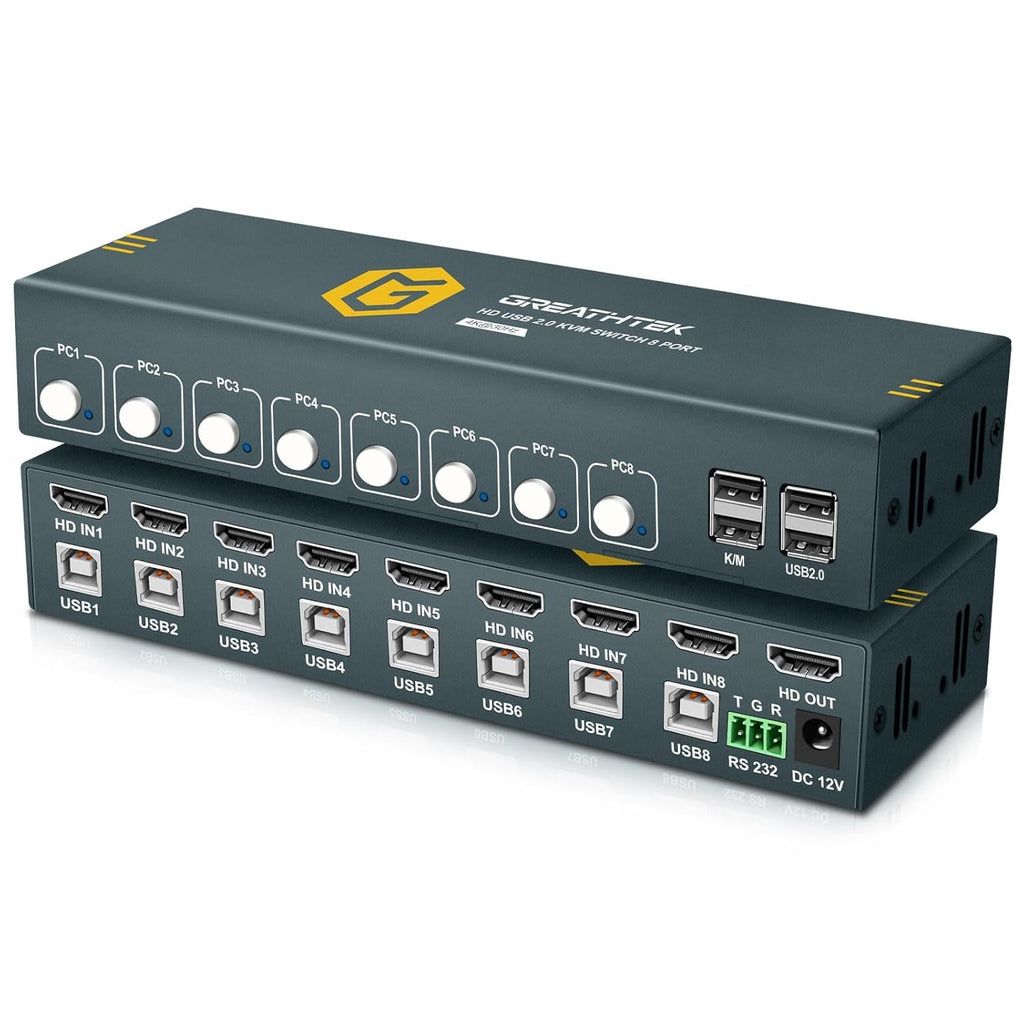 HDMI KVM Switch 8 Port, 4K@30Hz KVM Switch 8 Computers Share 1 Monitor and Keyboard & Mouse, with USB 2.0 Ports, Support Button Switch & Hotkey Switch & RS232, Adaptive EDID, Plug and Play