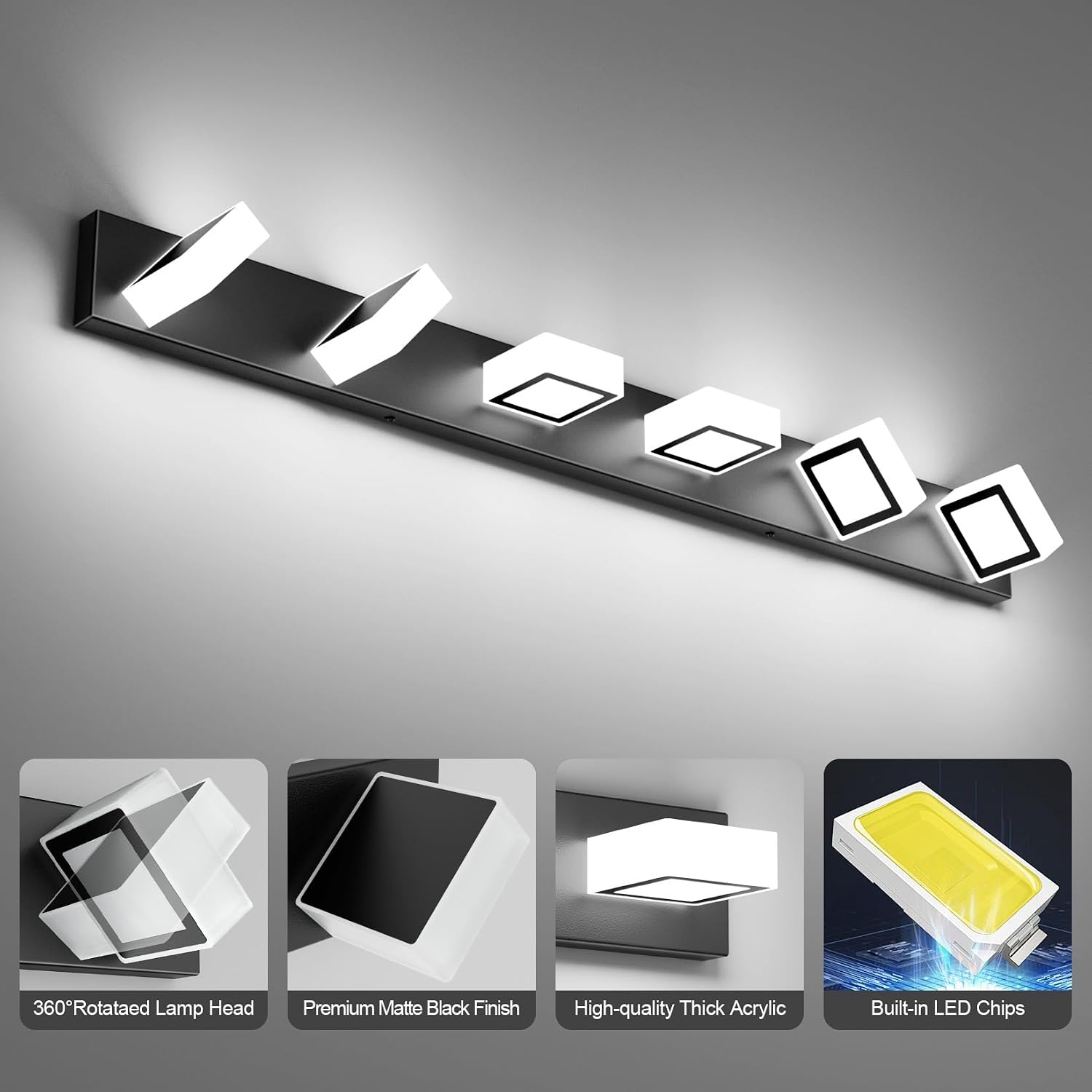 Ralbay Black Bathroom Vanity Lights 48inch Metal Acrylic LED Modern Bathroom Wall Lighting Fixtures Matte Black (White Light 6000K, Non-dimmable)