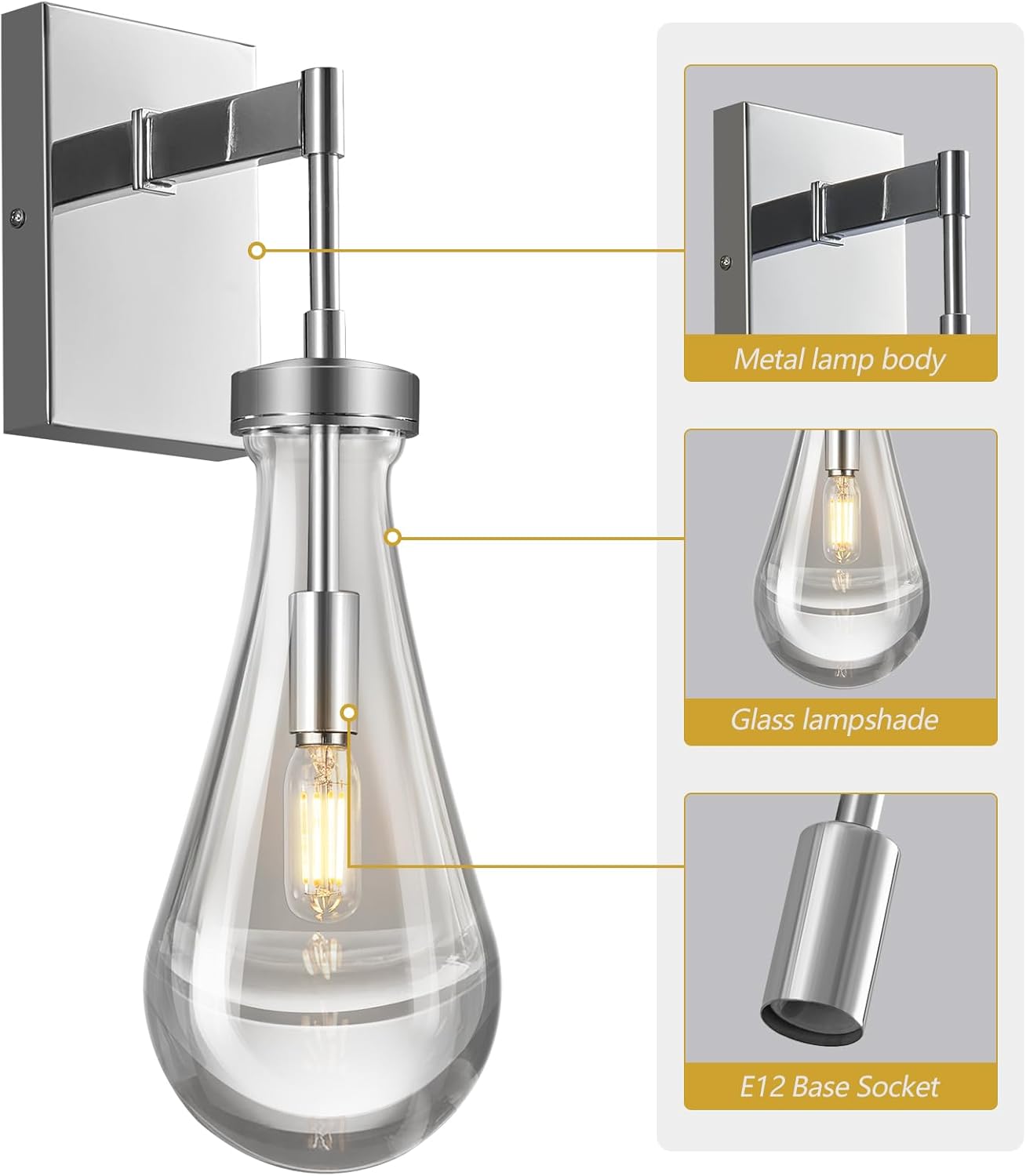 Raindrop Wall Sconces Chrome Sconces Wall Decor Modern Wall Lighting Glass Bathroom Sconces Indoor Vanity Light Wall Lamp for Bedroom Living Room Stair (1 Pack)