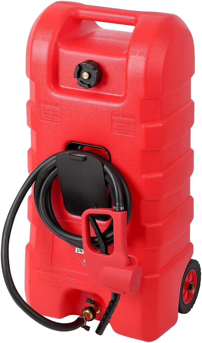 15 Gallon Fuel Caddy – Portable Diesel & Gasoline Tank with Manual Siphon Pump, 10ft Delivery Hose & Wheels for Cars, Boats, ATVs & Lawn Mowers - Red