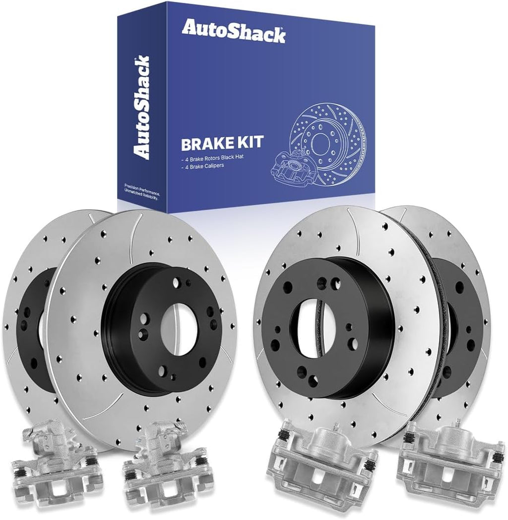 AutoShack Front & Rear Brake Rotors & Calipers for Honda, Civic 2006-2011, FWD L4 1.8L - E-Coated Drilled & Slotted - ShadowGuard