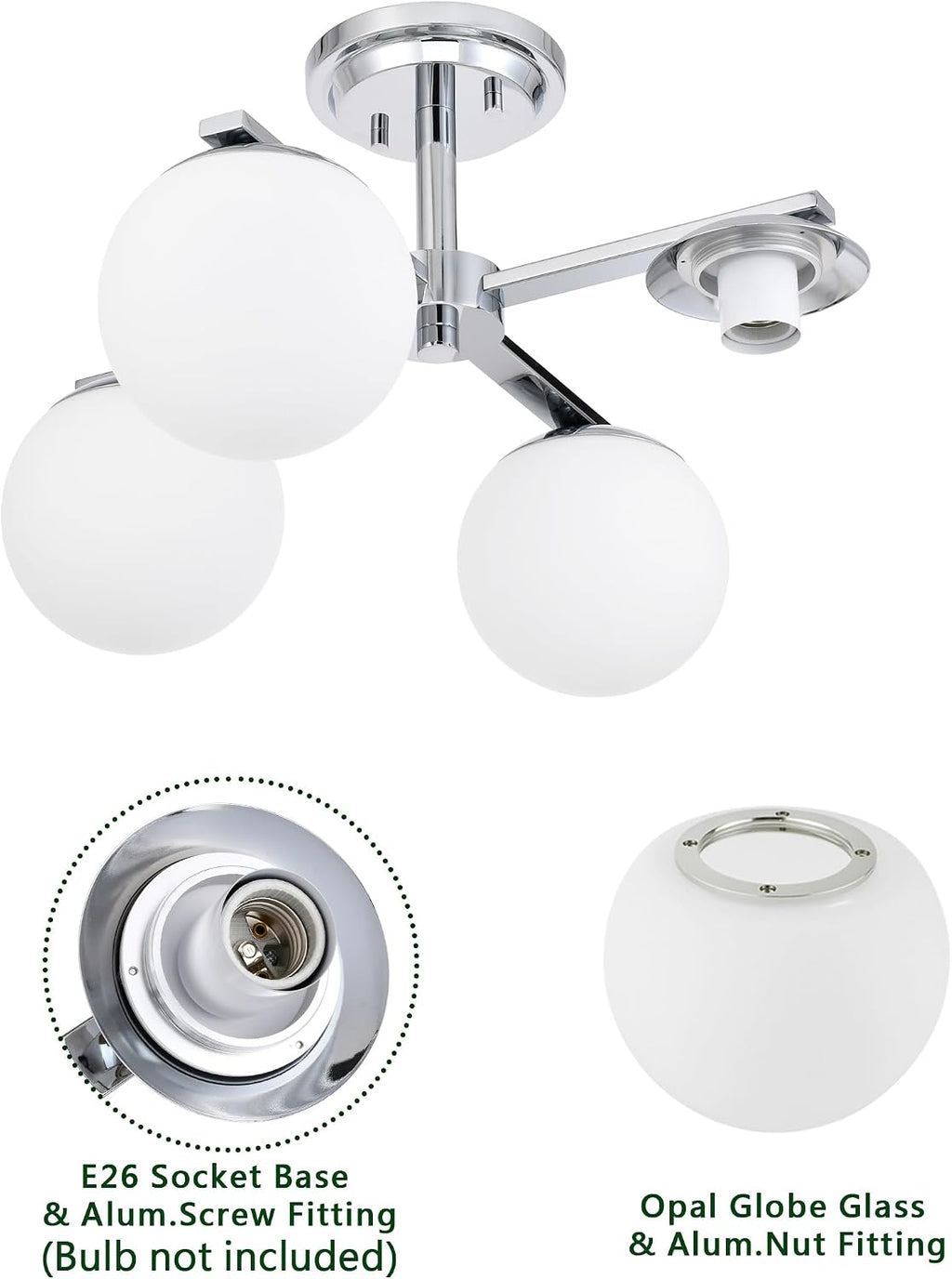 Chrome Semi Flush Mount Ceiling Light, 4-Ligh Modern Kitchen Lighting Fixtures with Globe Glass Shade, Hallway Light Fixtures Ceiling Mount for Dining Room, Living Room, Bedroom, Foyer