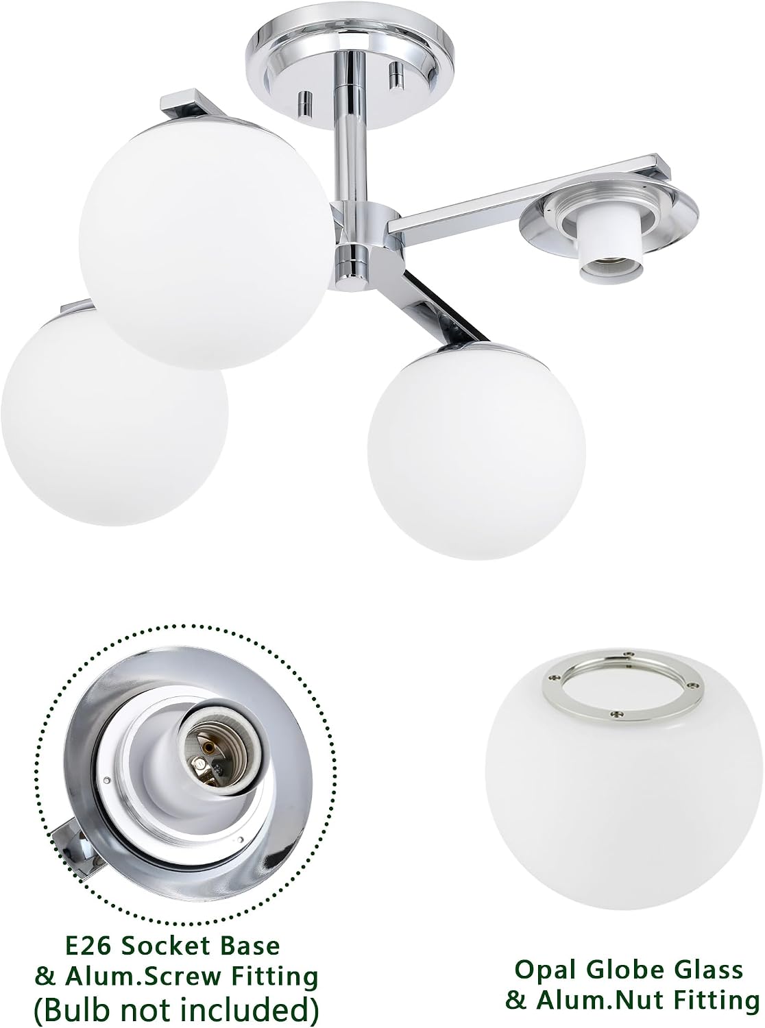 Chrome Semi Flush Mount Ceiling Light, 4-Ligh Modern Kitchen Lighting Fixtures with Globe Glass Shade, Hallway Light Fixtures Ceiling Mount for Dining Room, Living Room, Bedroom, Foyer