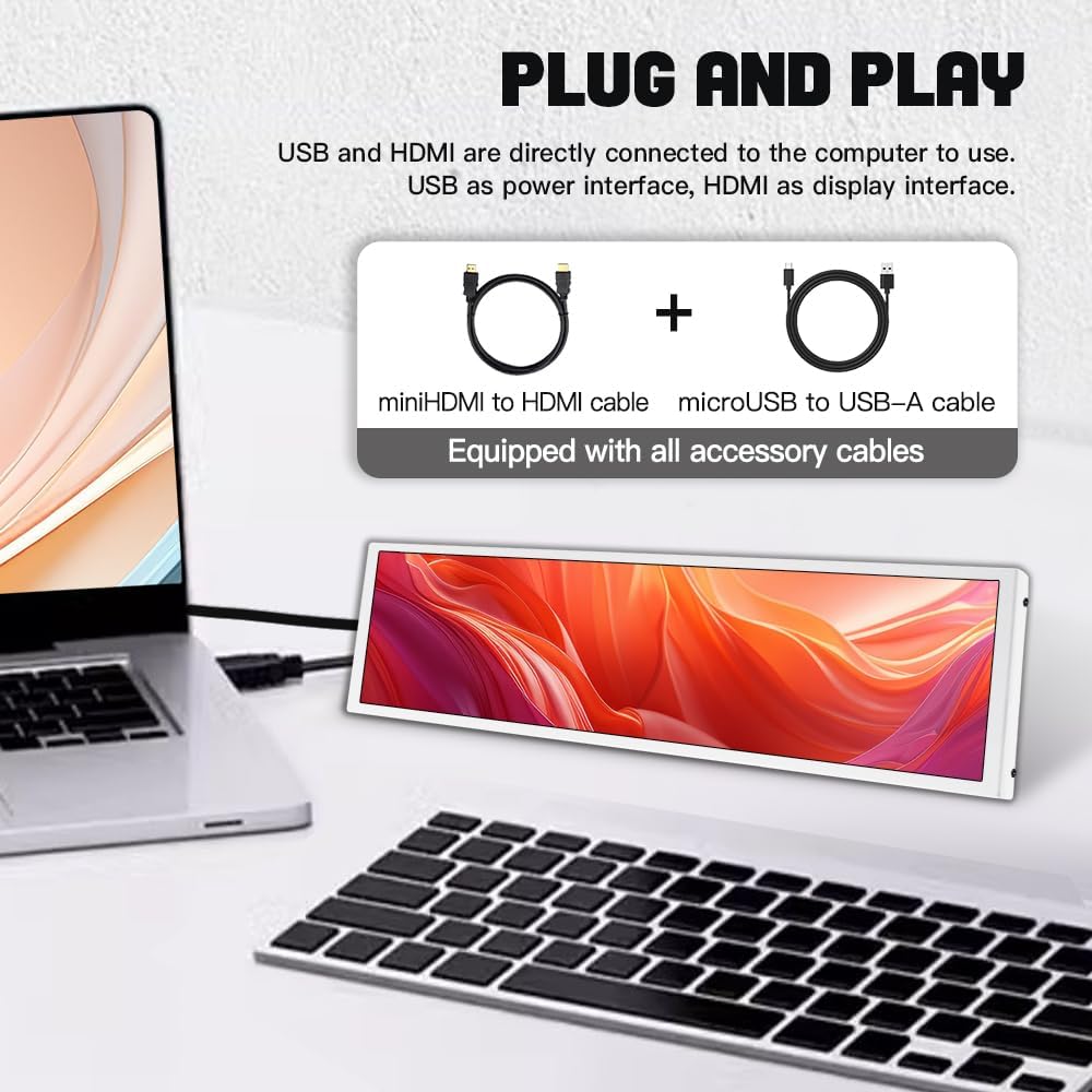 8.8' Mini Stretched Bar Monitor Touchscreen 480x1920 PC Temperature Display 600nits High Brightness Portable Secondary Screen LCD Screen Inside PC Case White