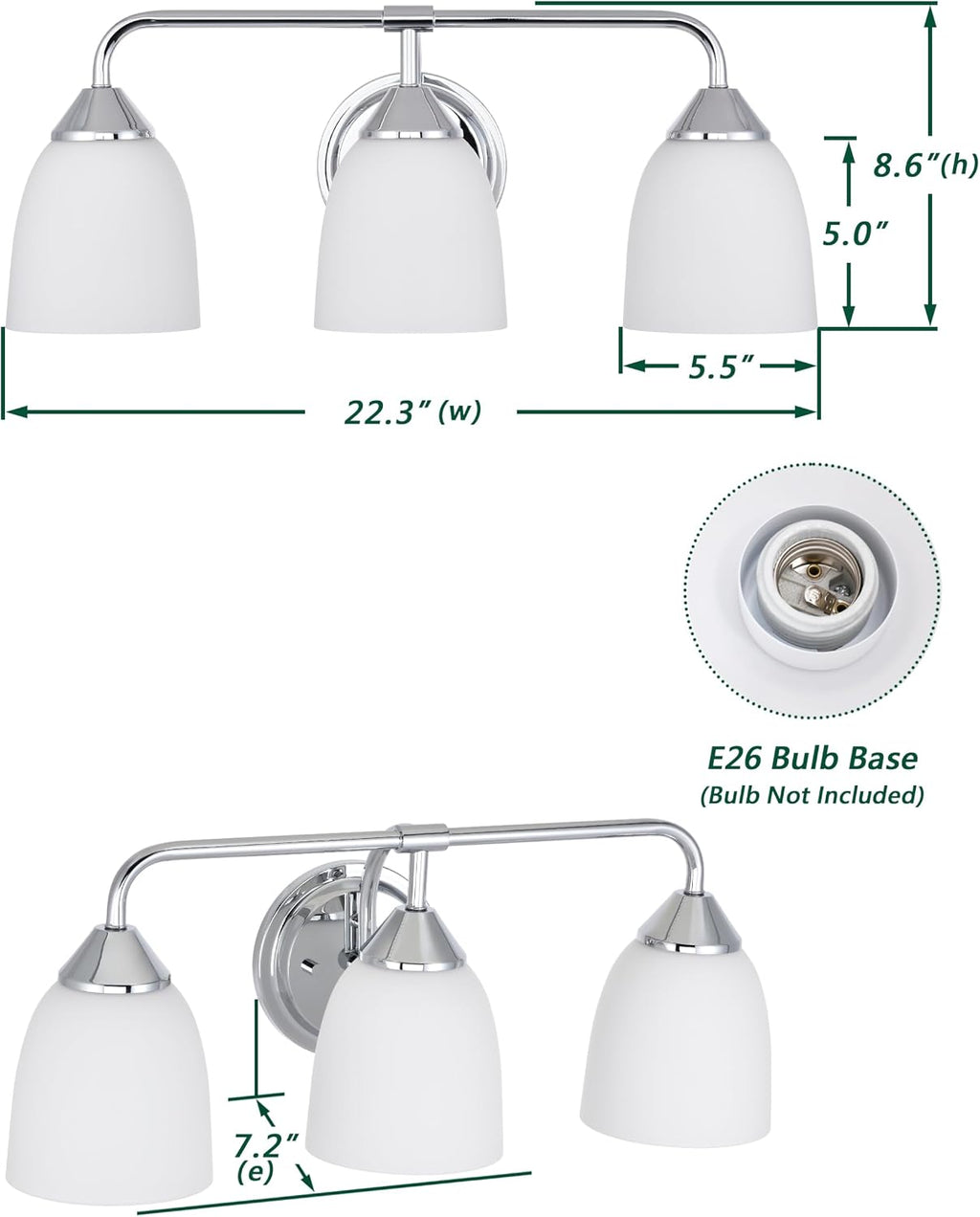 Chrome 3-Light Traditional Bathroom Vanity Light Fixtures Over Mirror, Modern Vanity Lights for Living Room, Standard E26 Base, Chrome
