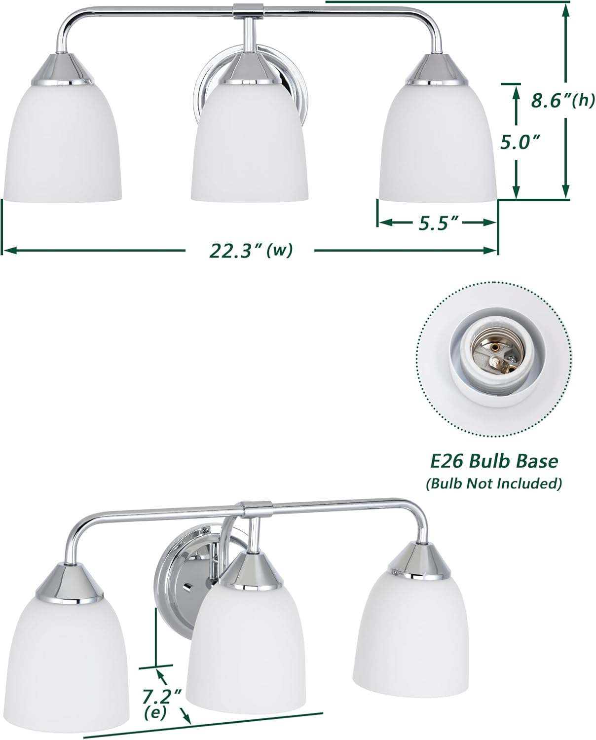 Chrome 3-Light Traditional Bathroom Vanity Light Fixtures Over Mirror, Modern Vanity Lights for Living Room, Standard E26 Base, Chrome