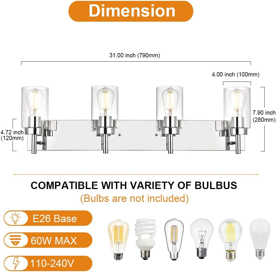 Modern Bathroom Lighting with Clear Glass Shade 4-Light Vanity Light Fixtures Chrome Finished Industrial Wall Light Sconces for Bedroom Hallway (Patent No.: US D958,438 S)