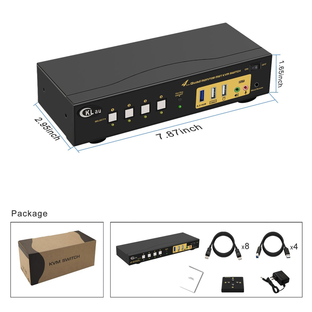 MST KVM Switch 4 Monitor 4 Computers (2 Displayport in, 2 Displayport + 2 HDMI Out) 4K60Hz 2K@144Hz with Cables, Audio, Microphone and USB 3.0 Hub, Supports Hot Key Switching