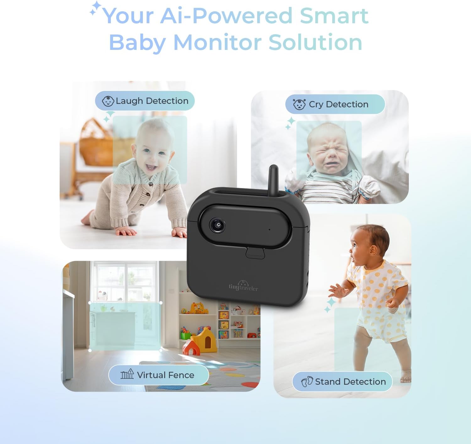 Tiny Traveler Ai Smart Wireless Baby Car Monitor with Add-On Camera, Travel Kit & Power Bank - AI-Powered Safety Alerts Detection, Virtual Fence, Long Range 1000ft Night Vision, 2-Way Talk - Black