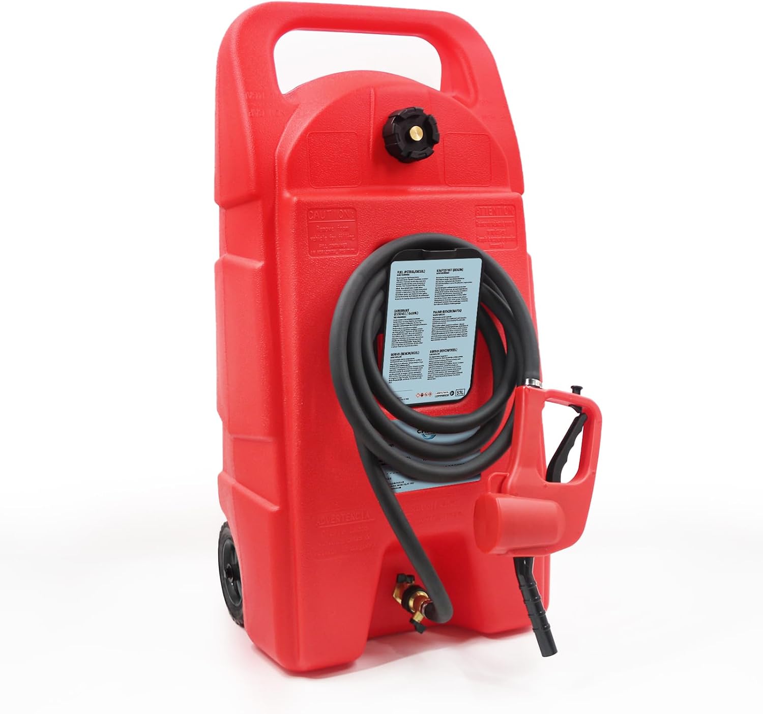 Fuel Gas Caddy with 10ft Delivery Hose, 15 Gallon Portable Gas Tank with Manual Transfer Pump, Diesel Fuel Storage Tank with Wheels for ATVs, Cars, Lawn Mowers, Boats, Red, 2PCS