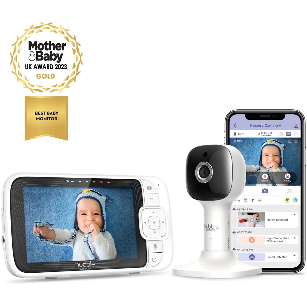 Hubble Connected Nursery Pal Cloud Smart Connected, Wi-Fi Enabled Baby Monitor with 5-Inch HD Color Parent Unit Viewer, Soothing Sounds and White Noise, 7-Color Night Light, Wall Mount, White