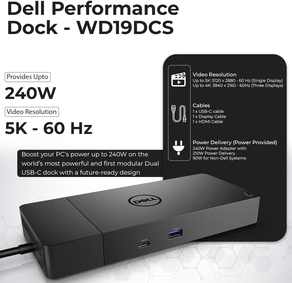 WD19DCS Dell Docking Station Dual Monitor - 4K Display, USB-C Performance Dock with 240W Adapter, HDMI, DisplayPort, USB-C Cables & Cloth (Renewed)