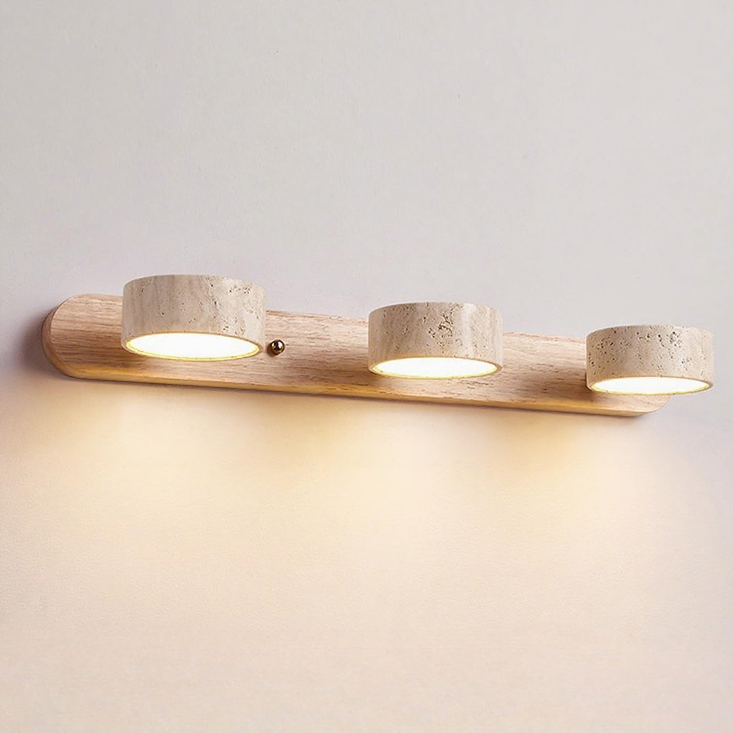 LED Natural Wood Vanity Light with 3 Travertine Stone Shades, Bathroom Vanity Light Fixture, 360° Rotatable Stone Lampshades, Modern Rustic Wall Lamp for Bedroom, Living Room, Hallway (Natural Wood)